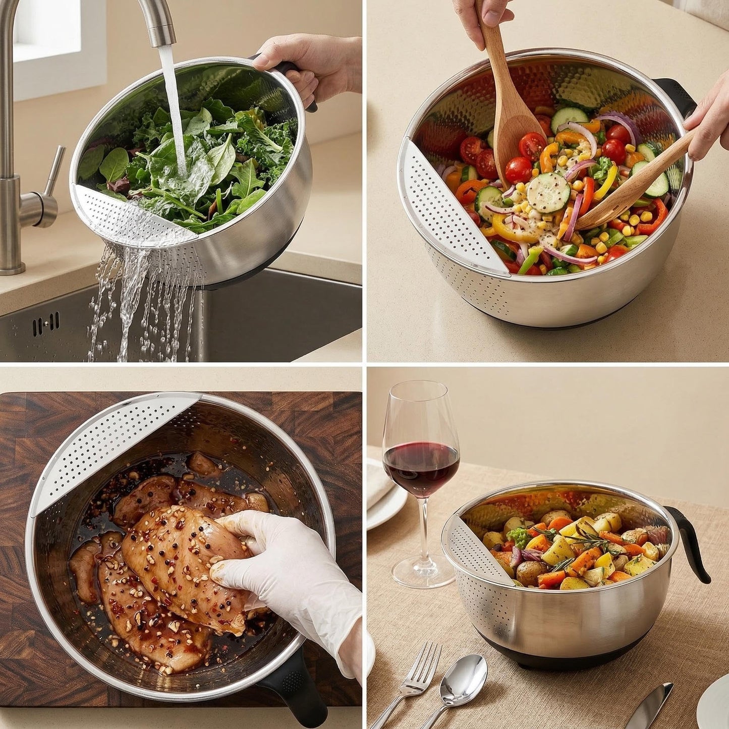 Rice Washer Strainer Bowl Quinoa Washing Bowl whit Handle Stainless Steel Colander Versatile Side Drainers for Cleaning Rinsing Fruits, Vegetables, and Beans - Tilting Non-slip Silicone Bottom