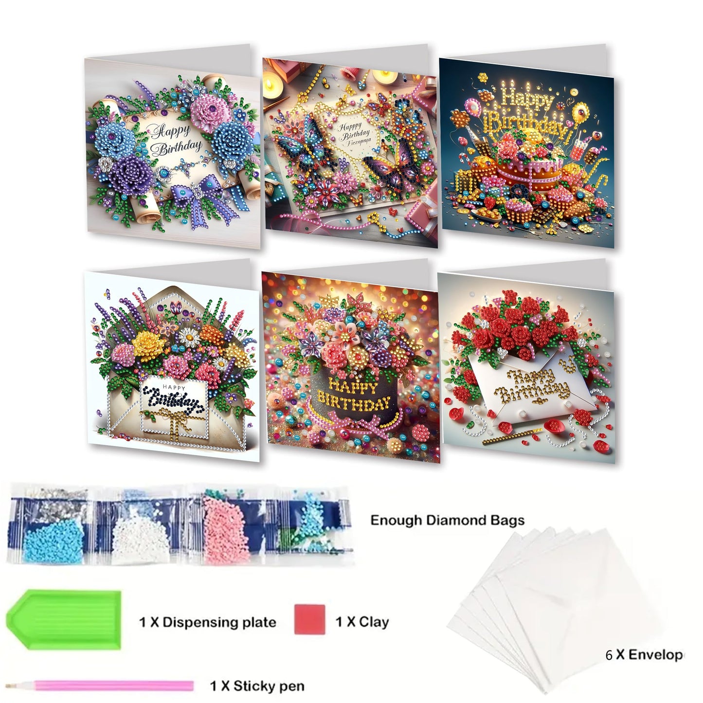 JJFox 6 Packs DIY 5D Diamond Painting Cards Kits for Adults,Special Shaped Rhinestone,Diamond Art Greeting Cards Gem Art Cards,Thank You Cards Blessing Gift for Women, Men, Mom, Grandma (Birthday-1)