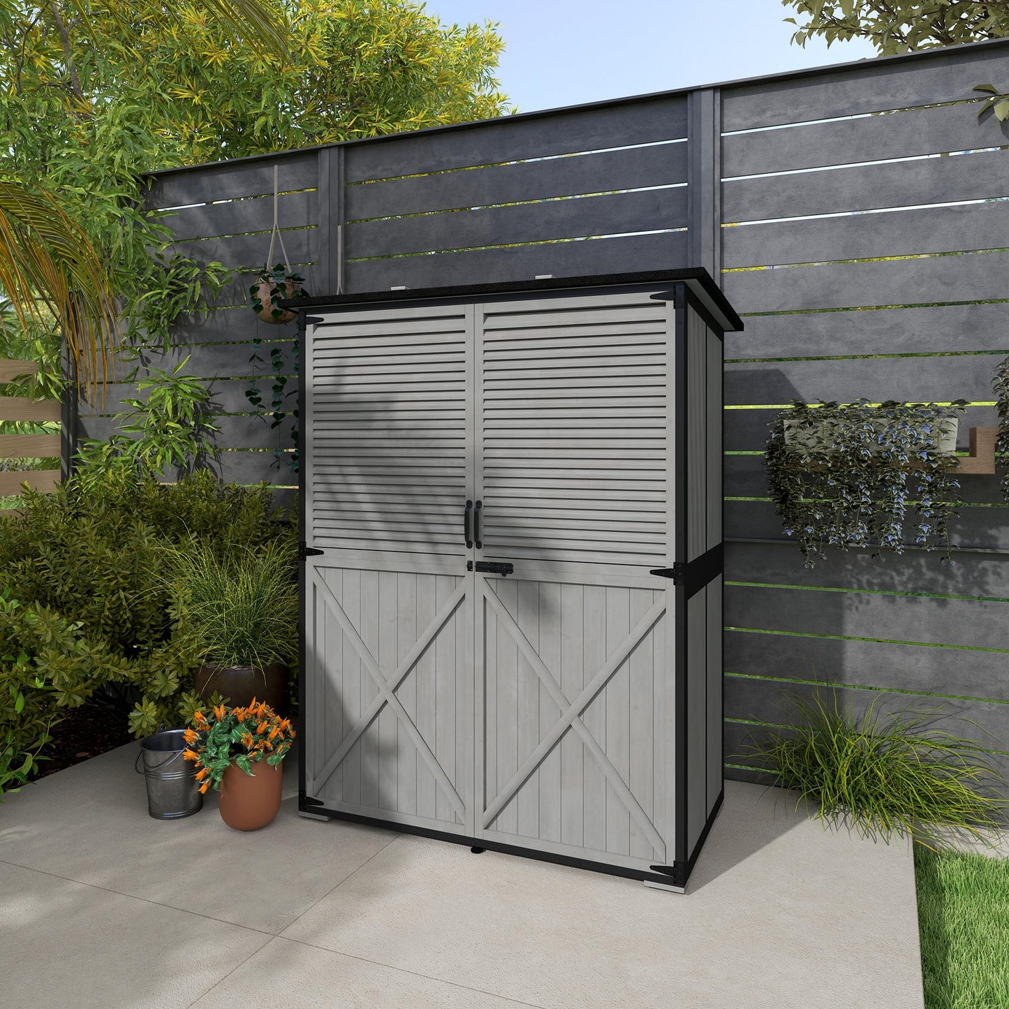 Outsunny Outdoor Storage Cabinet, Wood Garden Tool Shed with Lock, Steel Frame and Asphalt Roof, Garden Storage Shed with Adjustable Shelves and Feet for Patio Backyard Lawn, Gray