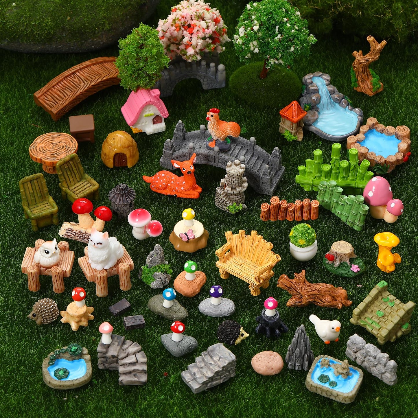 GGSTDDUP 65 Pcs Fairy Garden Accessories Mini Resin Animals Figures Miniature Table and Chairs Bridge Mushroom Pond Fence Moss Bonsai Landscape Ornaments Kit for Garden DIY Craft