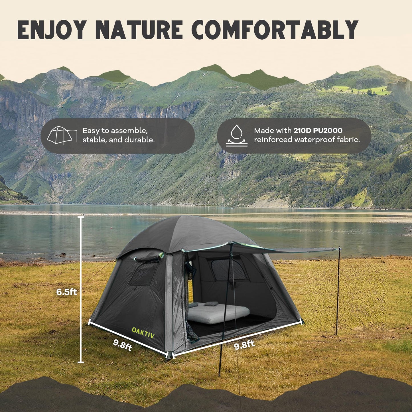 Oaktiv Inflatable Tents for Camping - CloudCamp Glamping Tent for 6 People Waterproof Oxford Fabric(210D), Quick Setup Air Tent with Manual & Battery Pump, UV Protection, 4-Season Inflatable Tent