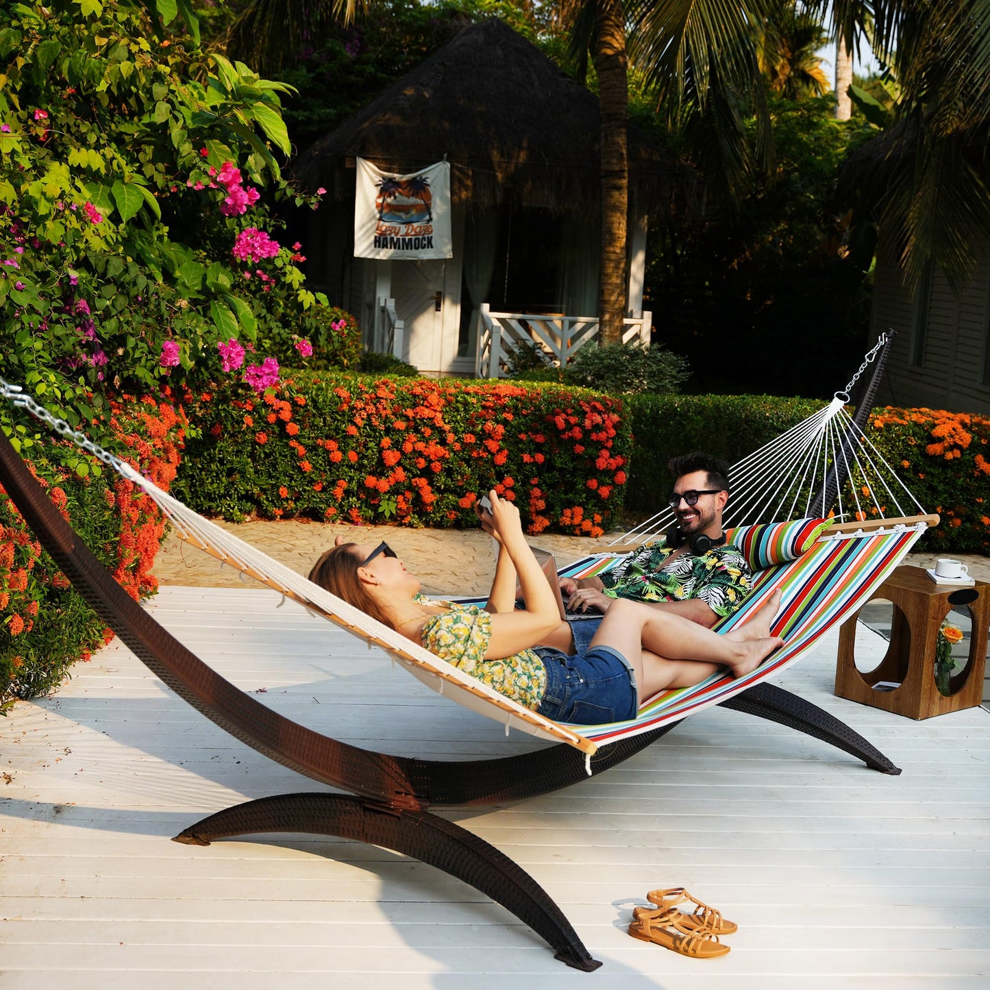 Lazy Daze Hammocks 12 FT Sunbrella Fabric Quilted Hammock Double Sunbrella Quilted Hammock with Spreader Bars & Pillow, All Weather and Fade Resistant for Outdoor, 450 lbs Capacity, Carousel Confetti