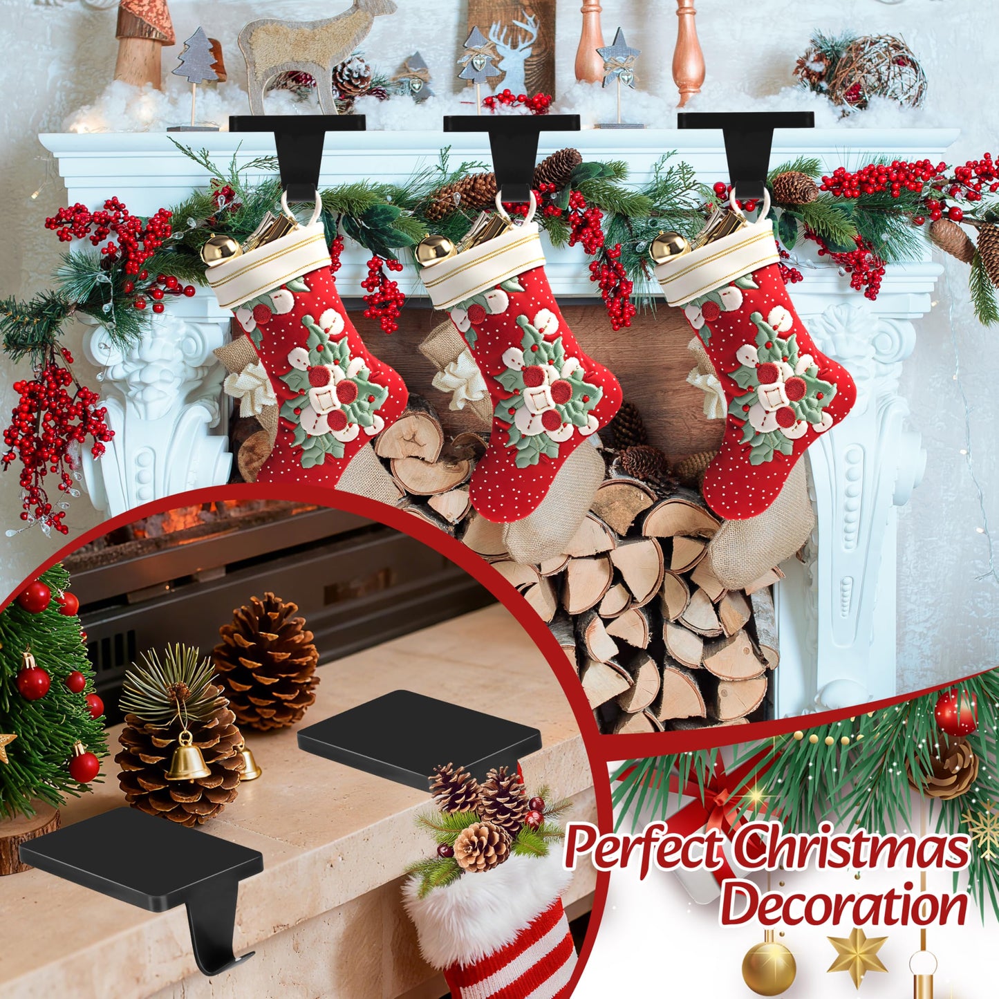 Palonu 4 Pcs Black Christmas Stocking Holders, Heavy Duty Mantle Hangers Cast Iron Hanging Hooks with Non-Slip Pad,Christmas Ornaments Xmas Holiday Decoration Shelf Window Fireplace Mantel Décor