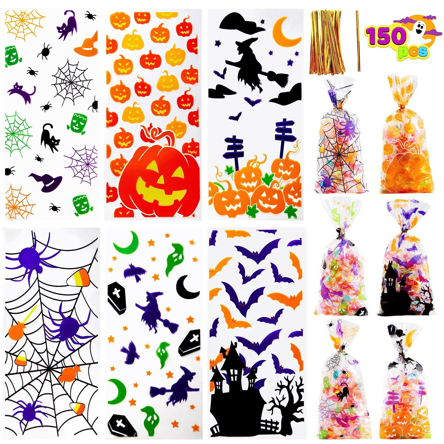 JOYIN 150 PCS Halloween Cellophane Candy Bags, Clear Treat Bags with Twist Ties, Halloween Trick or Treating Goodie Bag, Non Candy Cookie Bag Bulk for Kids Classroom Party Favors Supplies in 6 Design