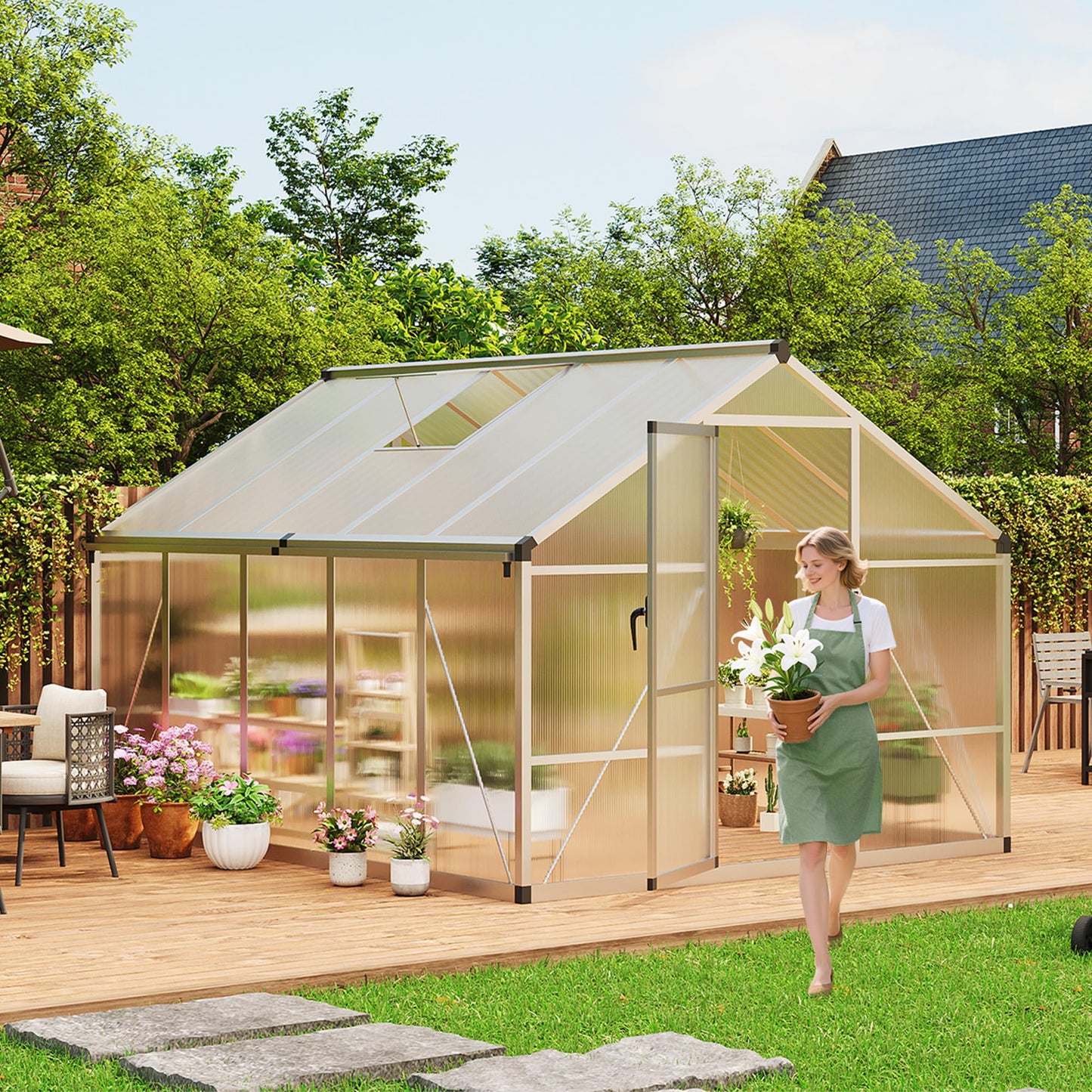 Garvee 8 x 10 FT Greenhouse, Greenhouses for Outside, Polycarbonate Greenhouse with Aluminum Frame, Lockable Door and Ajustable Roof Vent for Backyard, Green Houses for Outside Garden Backyard, Patio