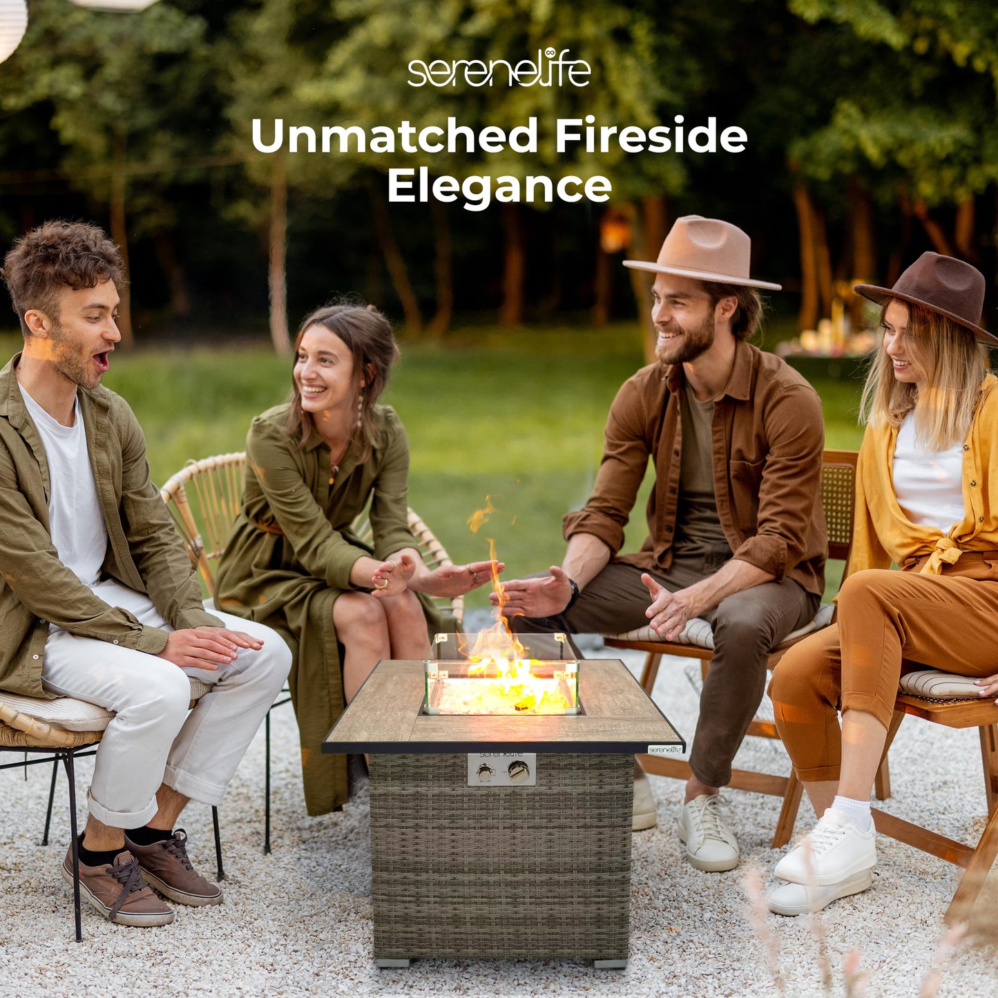 SereneLife Outdoor Propane Fire Pit Table - CSA/ETL Certified Safe 50,000 BTU Pulse Ignition Weatherproof Square Wicker Propane Gas Fire Table w/Tile Tabletop Adjustable Flame - Glass Rocks