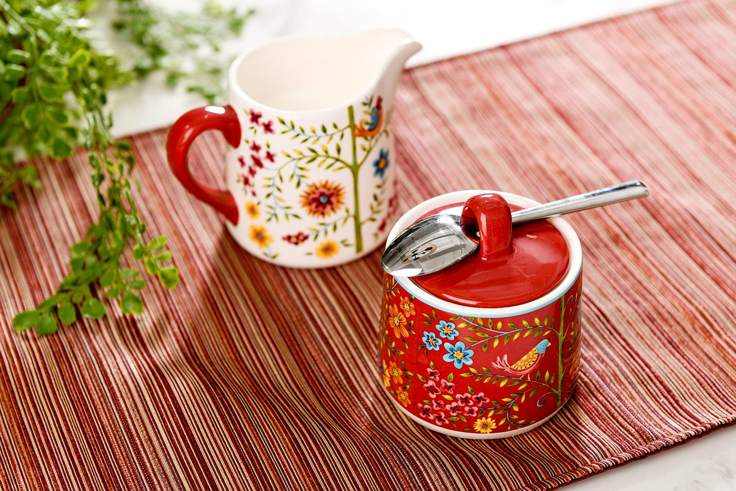 Bico Red Spring Bird Ceramic Sugar and Creamer Set, Sugar Bowl with Lid, Cute Container for Coffee Bar, Kitchen Countertop Accessories, Microwave and Dishwasher Safe