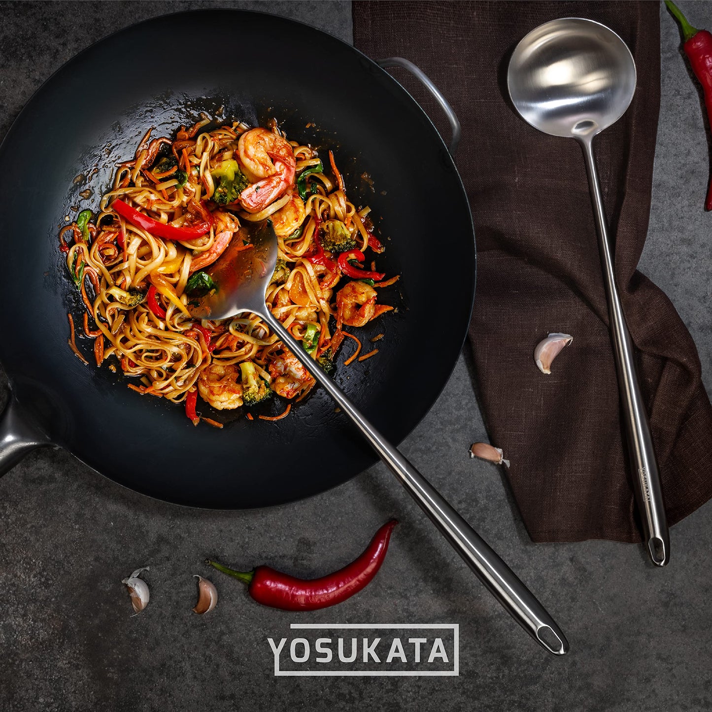 YOSUKATA 17’’ Wok Spatula and Ladle - Set of 2 Heat-Resistant Wok Tools - Universal Wok Ladle and Spatula - High-Grade 304 Stainless Steel Cooking Utensils and Wok Accessories - Solid Wok Utensils