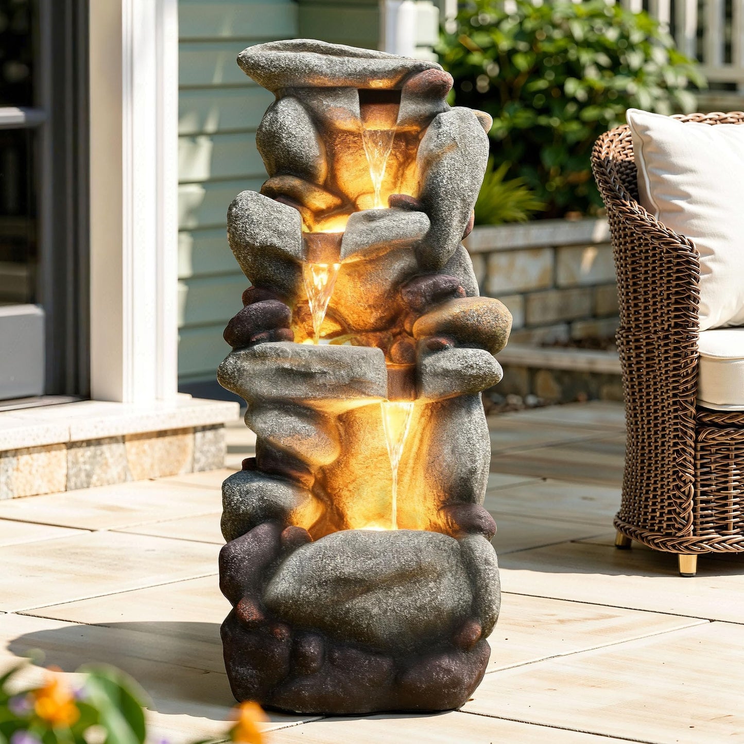 Utym 40" H Oversized Rock Outdoor Fountain with Warm LED Lights, 3-Tier Extra-Large Stacked River Pebbles Waterfall, Weather-Resistant Resin Feature for Garden Patio Yard