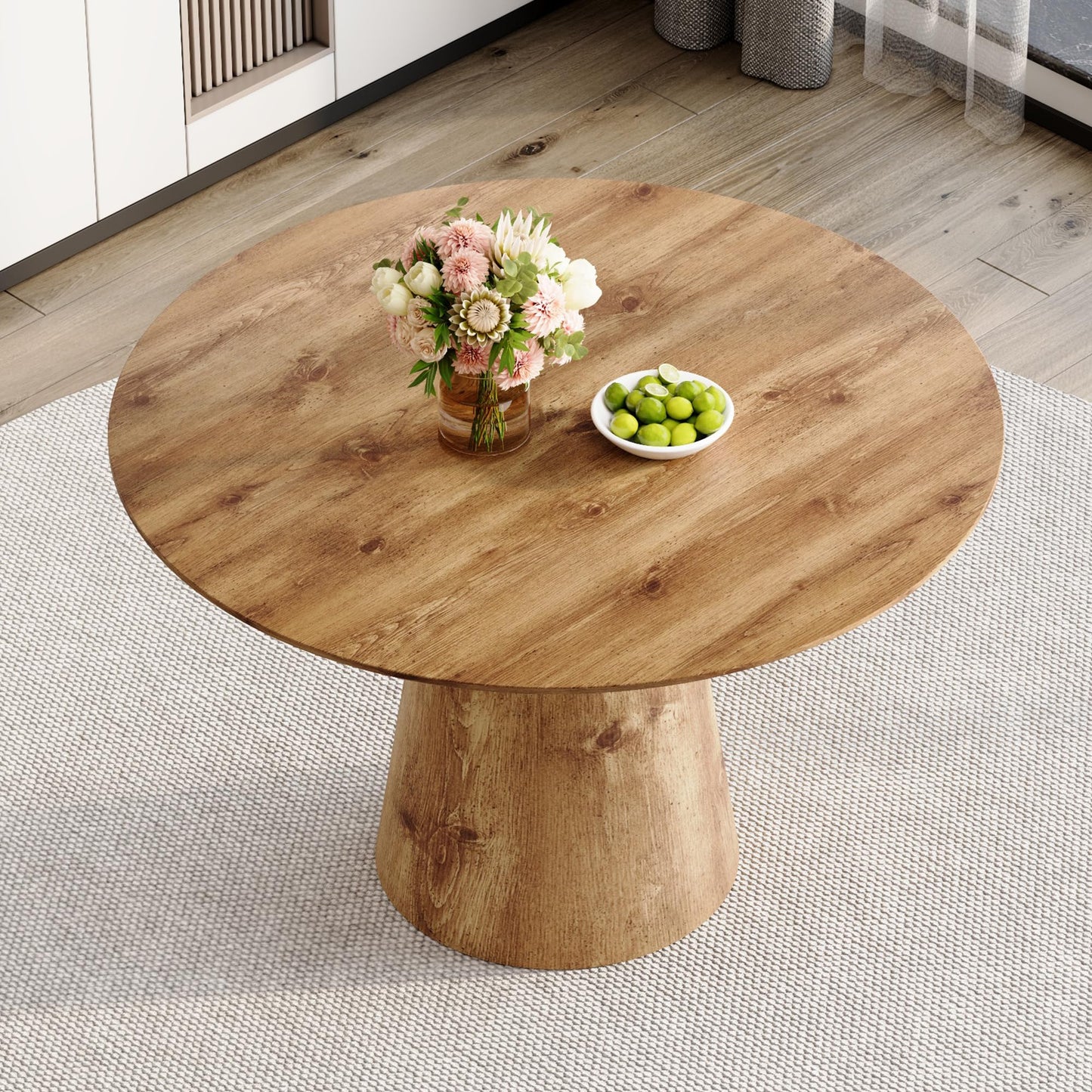 Vohuai 45-Inch Round Dining Table, Wood Round Table for 4/6, Seamless One-Piece Tabletop with Stable Conical Pedestal Base, Mid-Century Modern Round Dinner Table for Small Spaces Kitchen, Urban Family