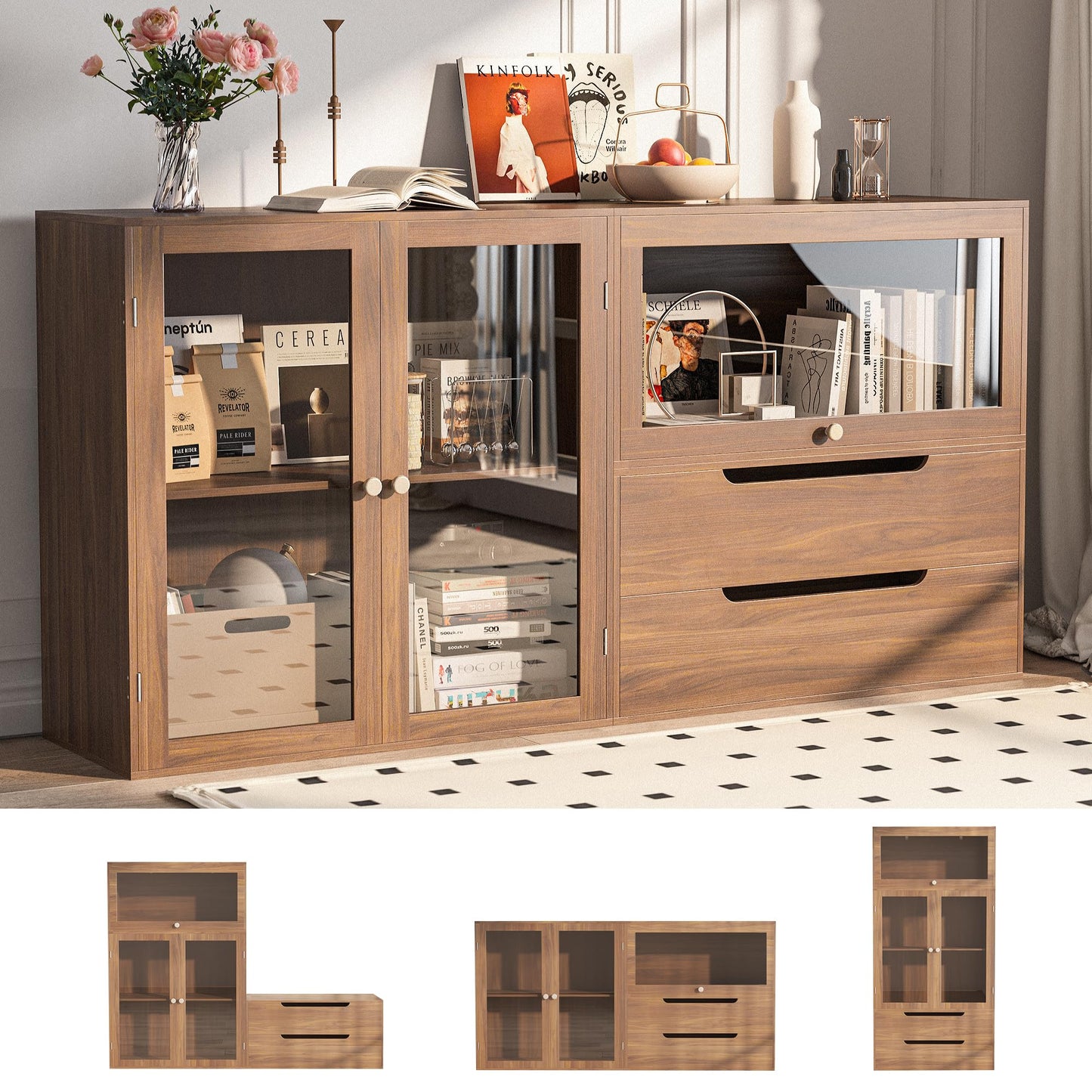 Easyego 63‘’Storage Cabinet,Sideboard Buffet Cabinet with Glass Doors and Drawers,Modern Wood Coffee Bar for Kitchen, Living Room,Dining Room,Entryway-Walnut