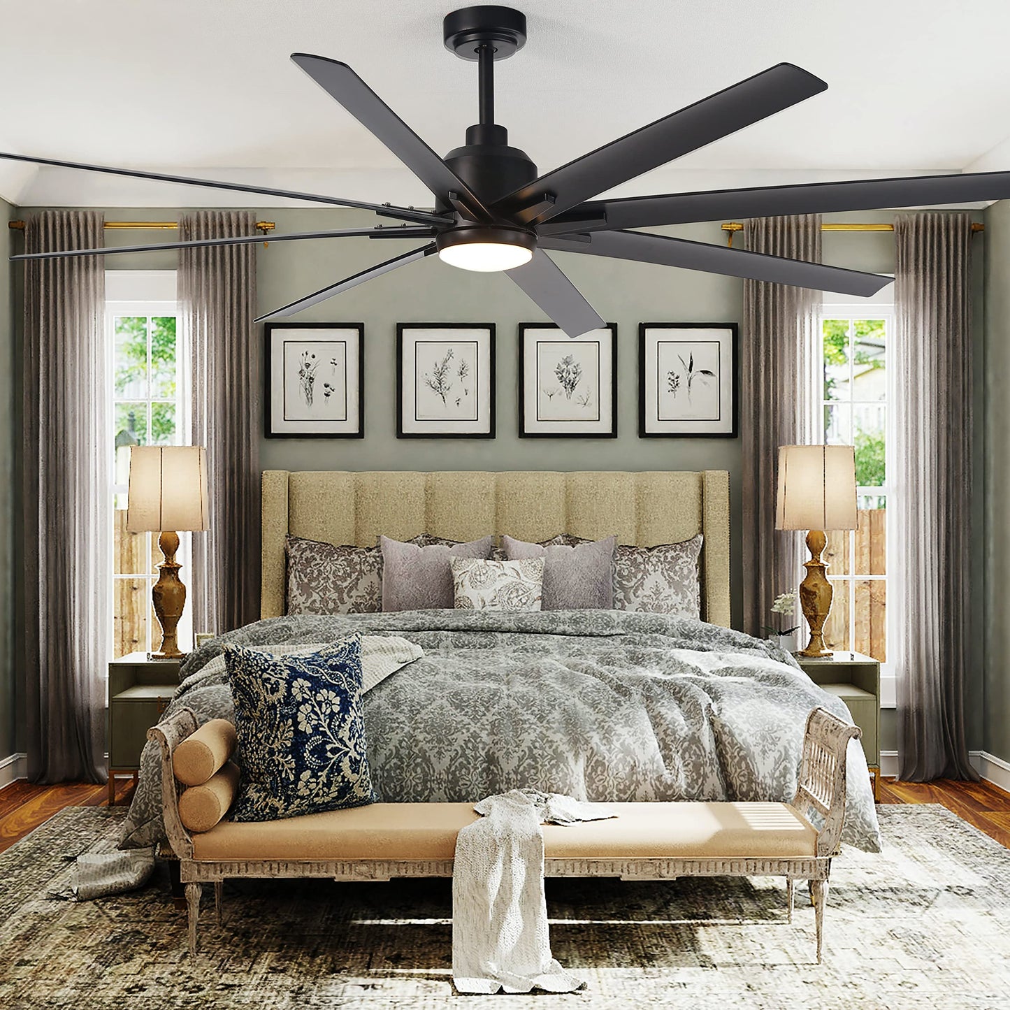 FINXIN Indoor Ceiling Fan Light Fixtures Black Remote LED 72 Ceiling Fans For Bedroom,Living Room,Dining Room Including DC Motor,8-Blades,Remote Switch