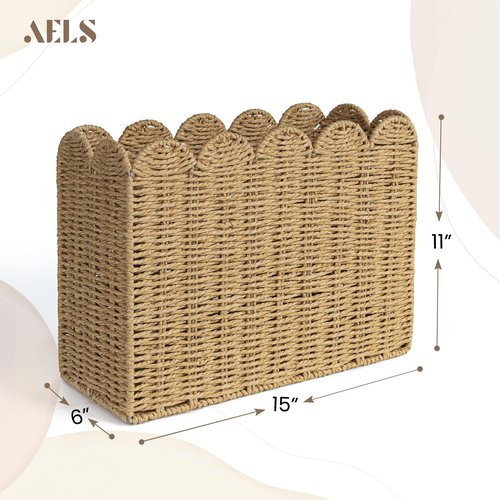 AELS Woven Natural Fibre Magazine Holder, Scalloped Edge Floor Magazine Rack, Hand-woven Organizer, Boho Modern Farmhouse Book Basket, File Newspaper Mail Holder for Office