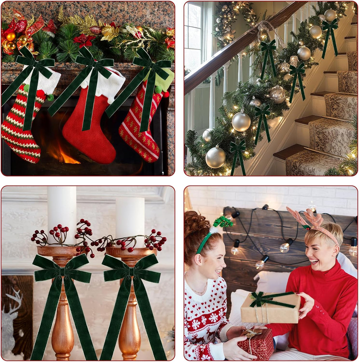 MUKOSEL Velvet Ribbon Bows - 12 Pcs Dark Green Christmas Tree Decorations | Holiday Ornaments & Wreaths