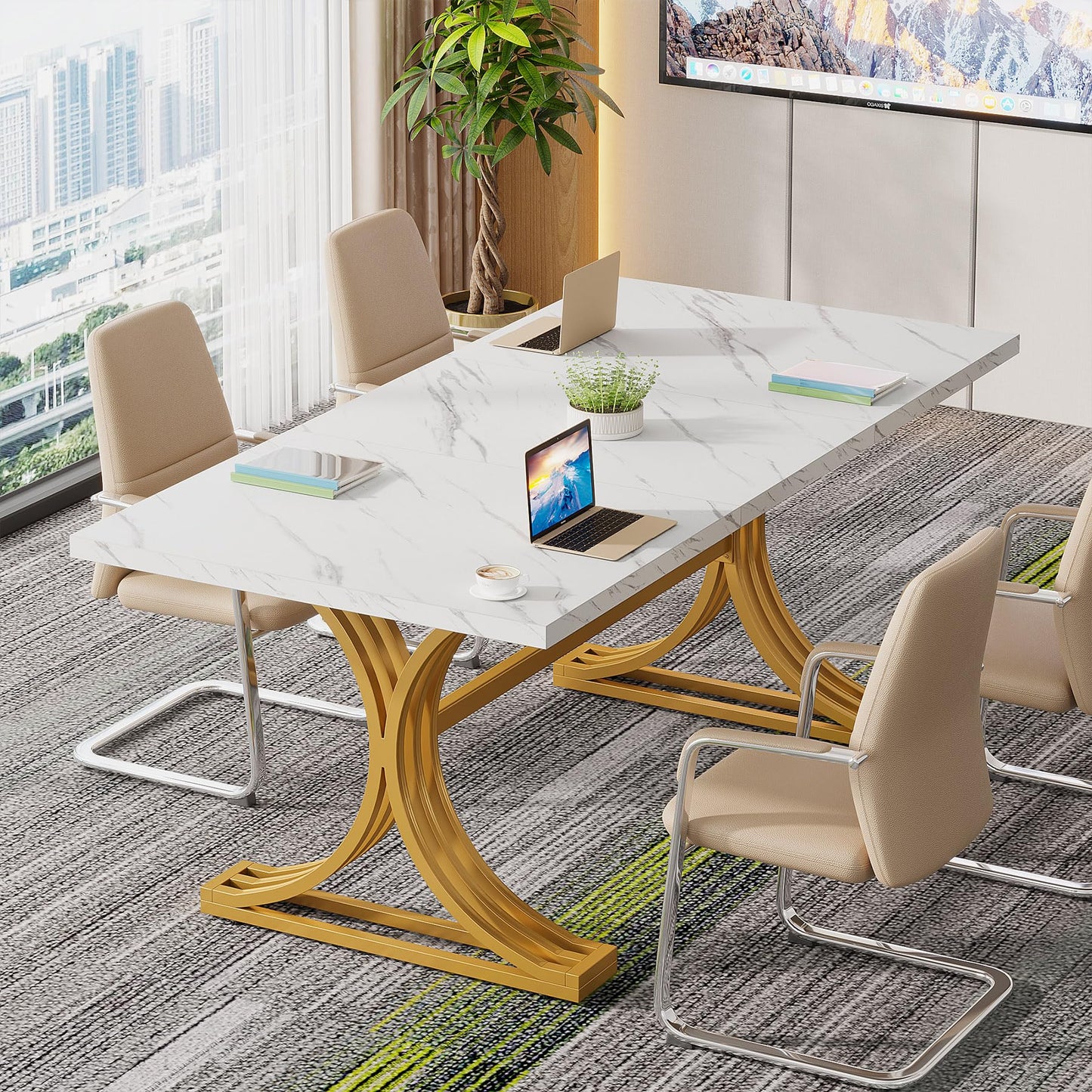 Tribesigns 10.5FT Conference Table, Modern Meeting Table for 8-10 People, Rectangle Seminar Boardroom Table for Office Conference Room with Stylish Legs (2, White + Gold)