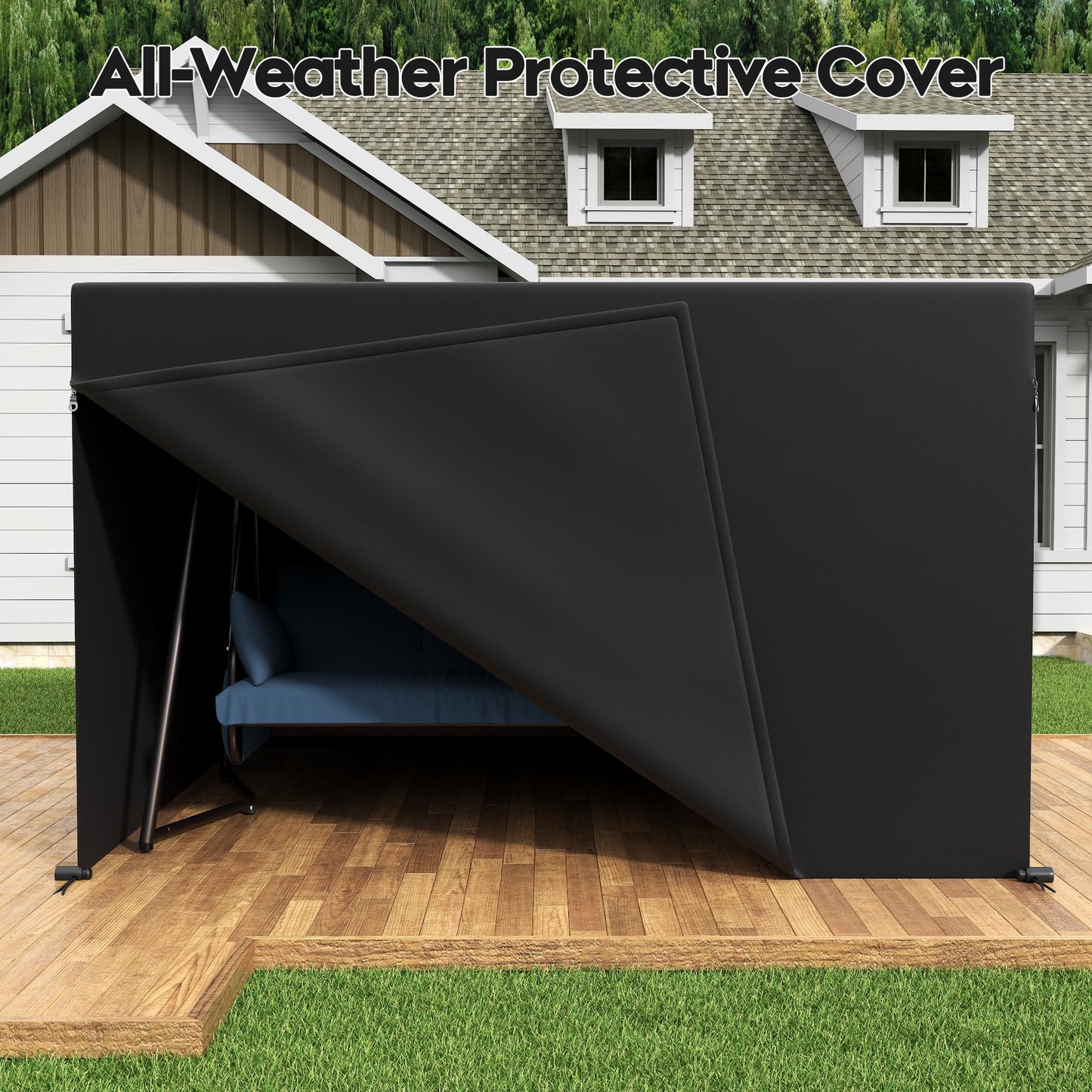 Terravoy Porch Swing Sofa Bed with Stand and Canopy, Outdoor 3-Seat Bench Swing Heavy Duty, Patio Extra Large Swing Bed with Rain Cover
