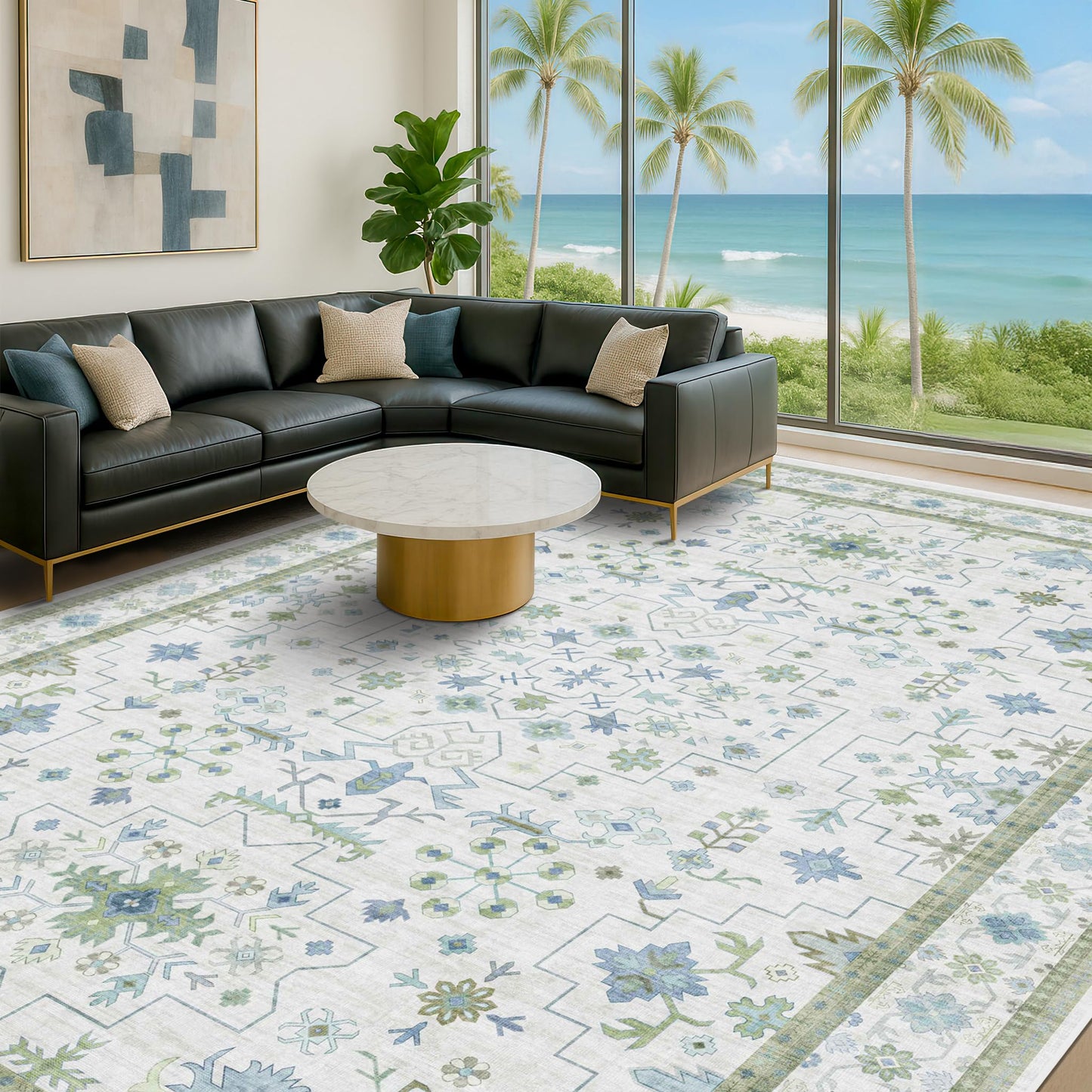 Oriental 10x14 Rug Living Room - Washable Oushak Boho Extra Large for Bedroom Non Slip Soft Faux Wool Carpet for Dining Room Playroom - Cream Blue and Green Floral Rug