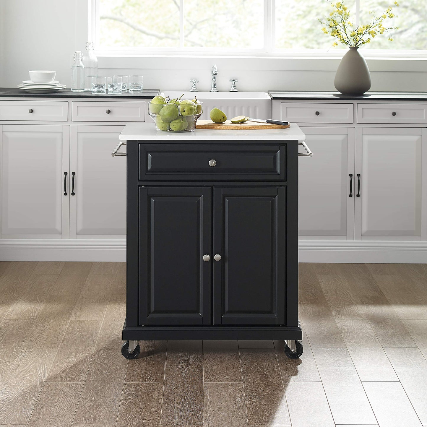 Crosley Furniture Compact Stone Top Small Rolling Cart with Shelves, Microwave Stand with Towel Rack, Black
