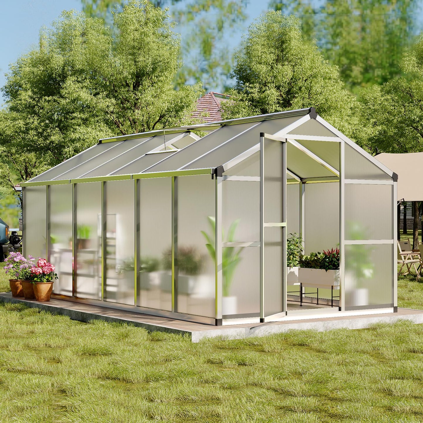 GarveeTech 8X12 FT Greenhouse, Polycarbonate Garden Greenhouse for Outdoors,Aluminum Frame Green House with Lockable Door and Adjustable Roof Vent, Ideal for Backyard Patio and Outside Growing