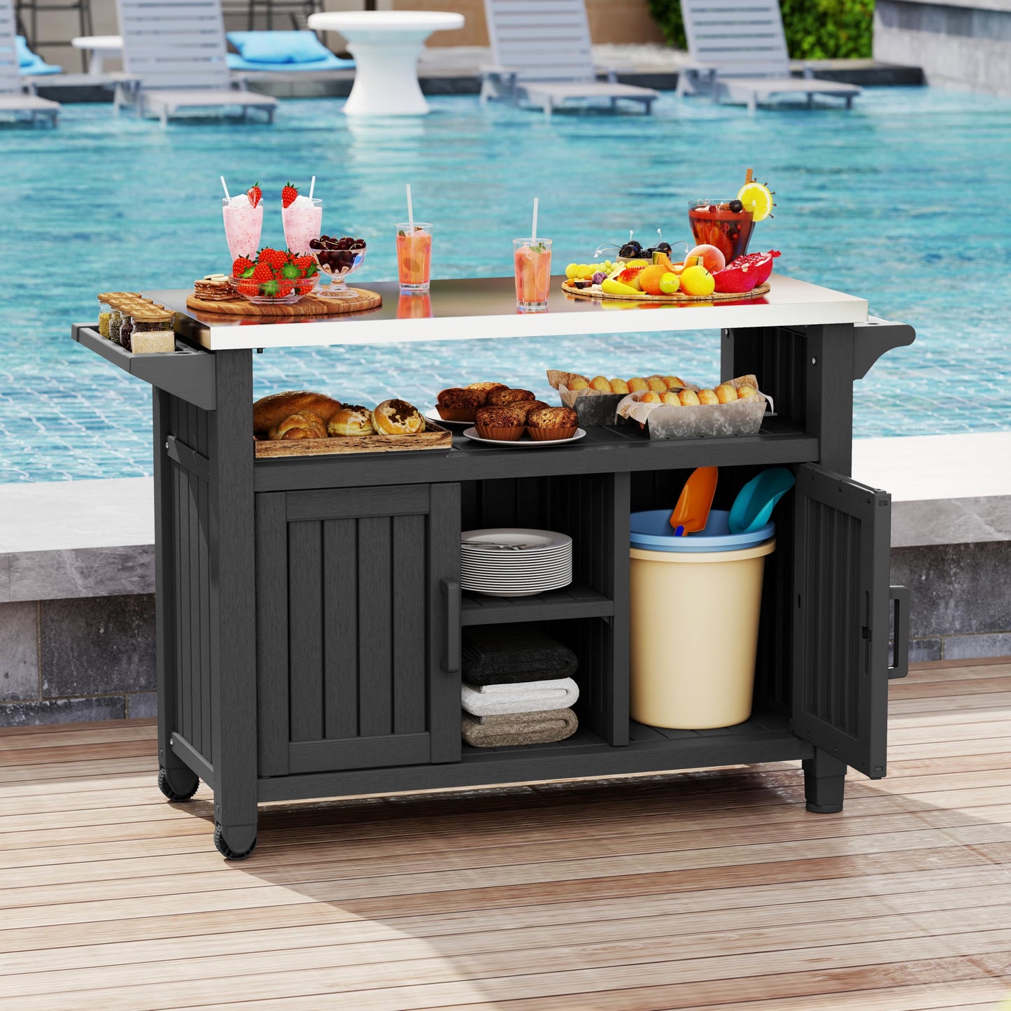 Bifanuo Resin Outdoor Grill Cart, Outdoor Kitchen Island with Stainless Steel Top & Storage Cabinet for Kitchen Prep, Weatherproof Grill Table for BBQ Food Prep, Black