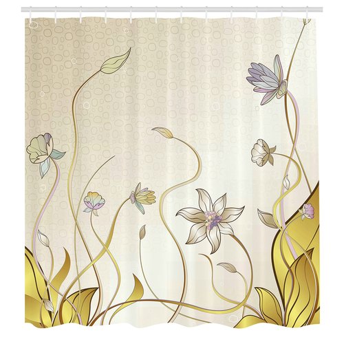 Ambesonne Abstract Shower Curtain, Flower Nature Theme Pattern Nice Lily Blossoms in Spring Pattern Print, Cloth Fabric Bathroom Decor Set with Hooks, 69" W x 70" L, Cream and Mustard