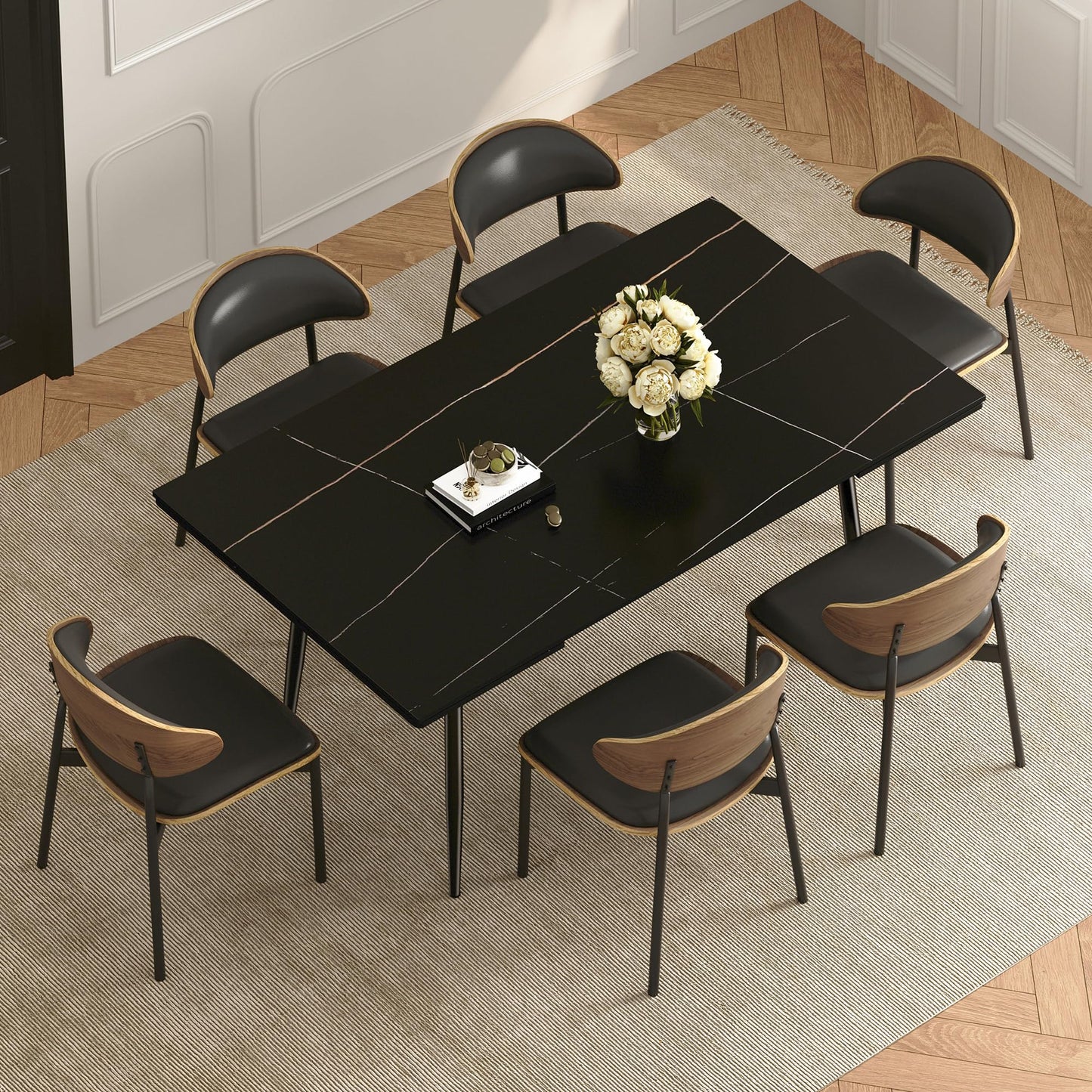 gaoyangjiaju 62.9"-94.4" Modern Extendable Dining Table for 6 to 10 Seats, Rectangular Sintered Stone Table with High Hardness and Easy Maintenance for Dining Room Family Gathering, Black Top