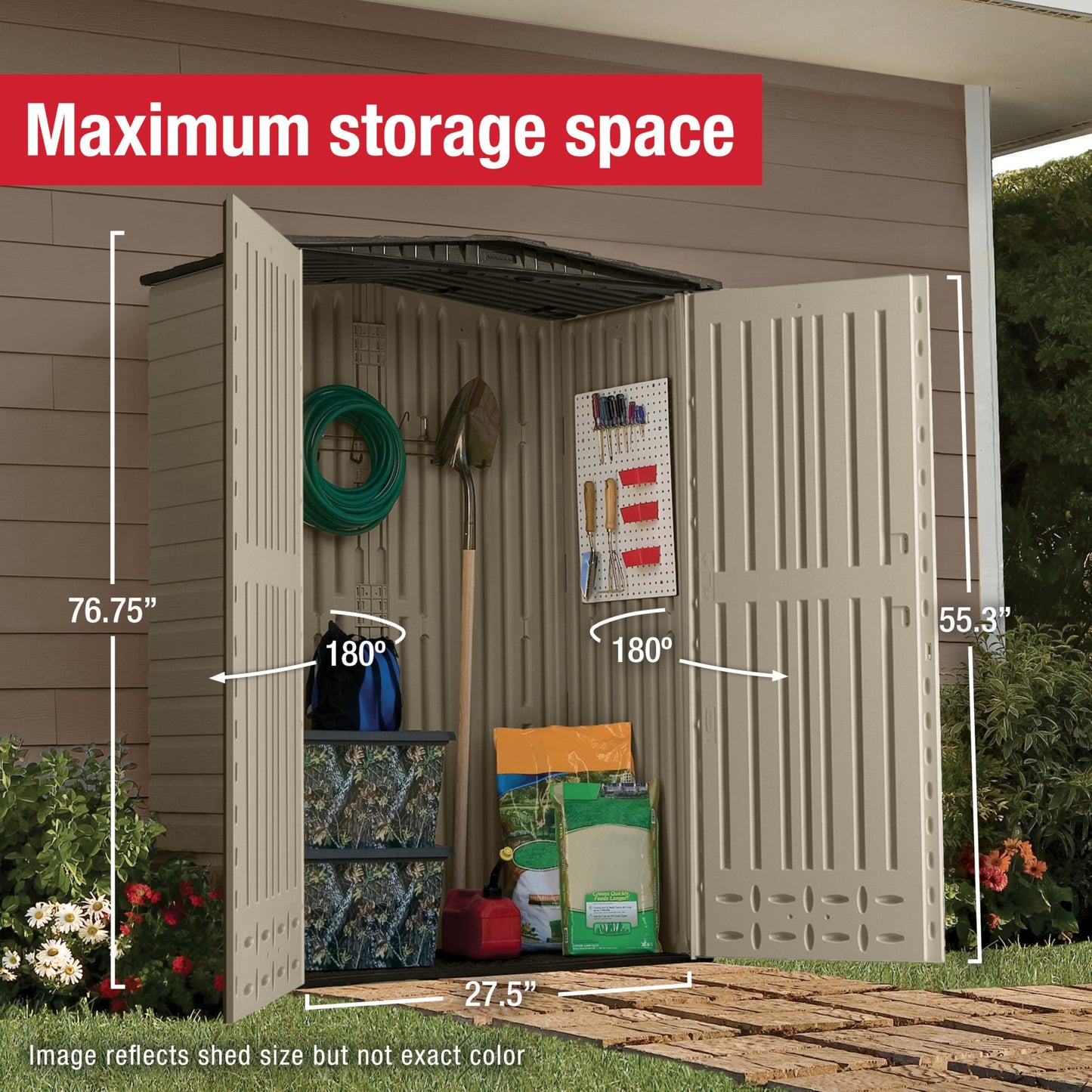 Rubbermaid Small Vertical Resin Outdoor Storage Shed With Floor (2.3 x 4.6 Ft), Weather Resistant, Beige/Brown, Organization for Home/Backyard/Pool Chemicals/Toys/Garden Tools/Porch/Patio Cushions
