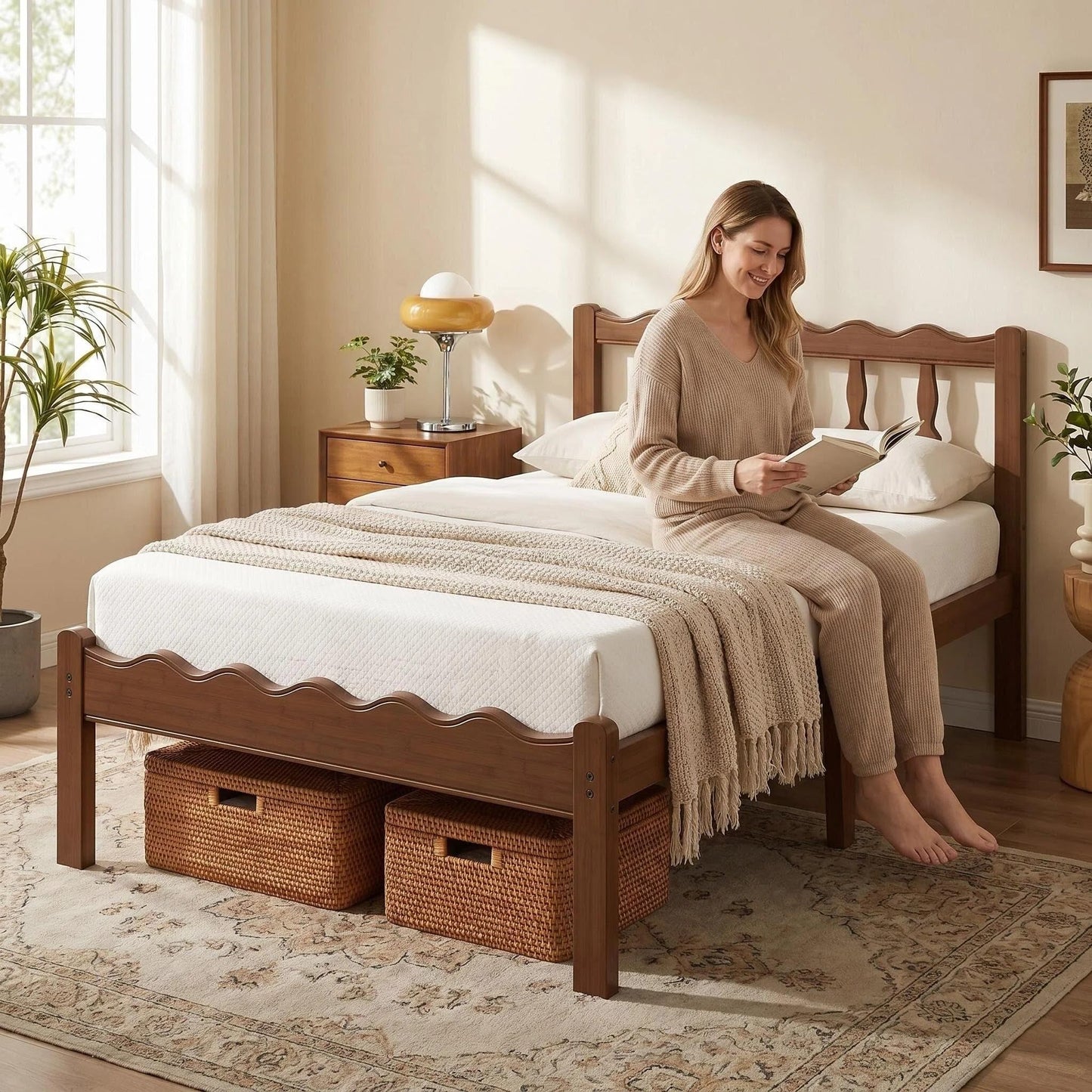 Bednowitz 14 Inch Twin Bamboo Bed Frame with Mid-Century Wavy Headboard, Heavy Duty Solid Wood Platform Bed with Metal Slats, Noise-Free, Easy Assembly, Walnut Finish
