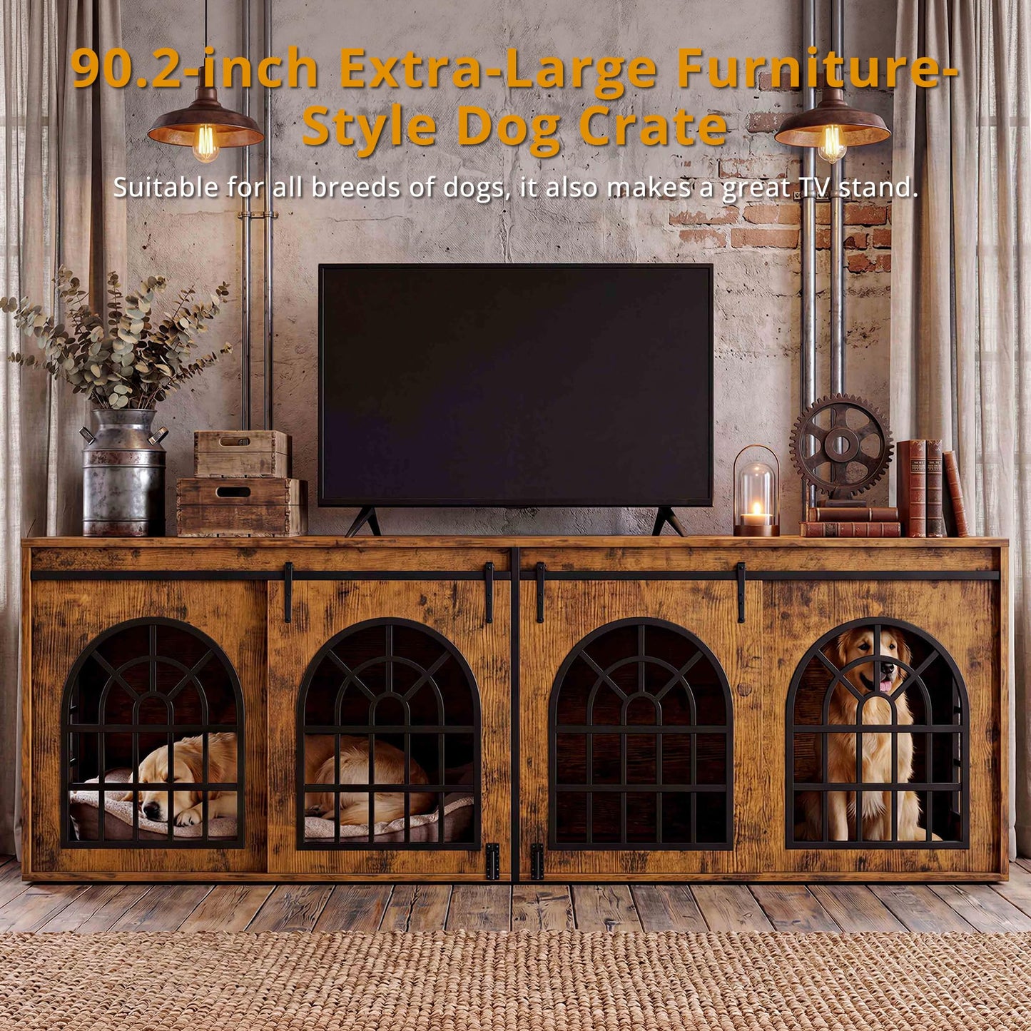 IRONCK 90.2" Double Room Dog Crate Furniture with Sliding Doors– Heavy Duty Wooden Dog Kennel with Hinged Divider, TV Stand & End Table for Large to Medium Dogs, Brown (Brown)