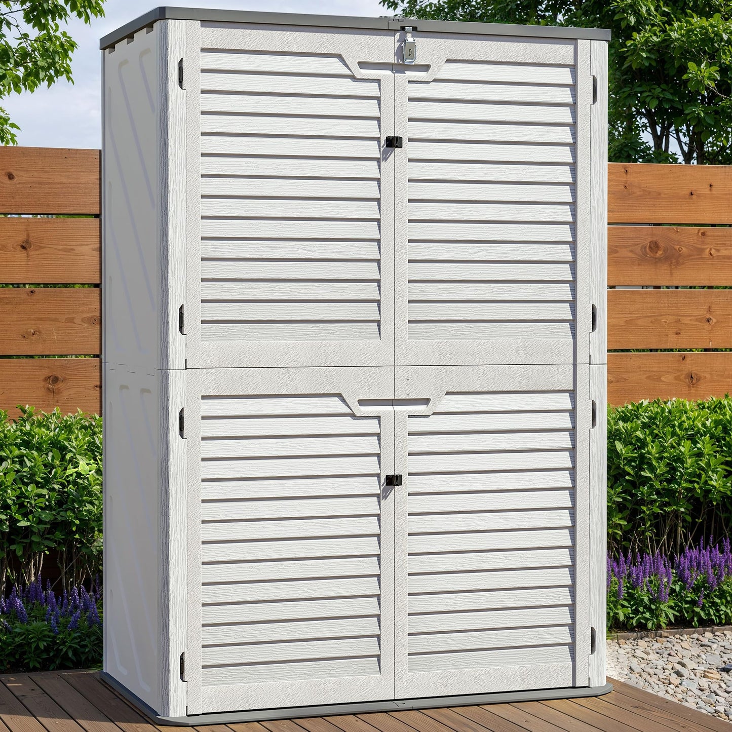 WillowLume 65 Cu.Ft Outdoor Storage Shed, Lockable Outdoor Vertical Resin Storage Cabinet with Floor, All-Weather Waterproof Shed for Garden, Backyard, Pool (65 cu ft - Shelf Kit)