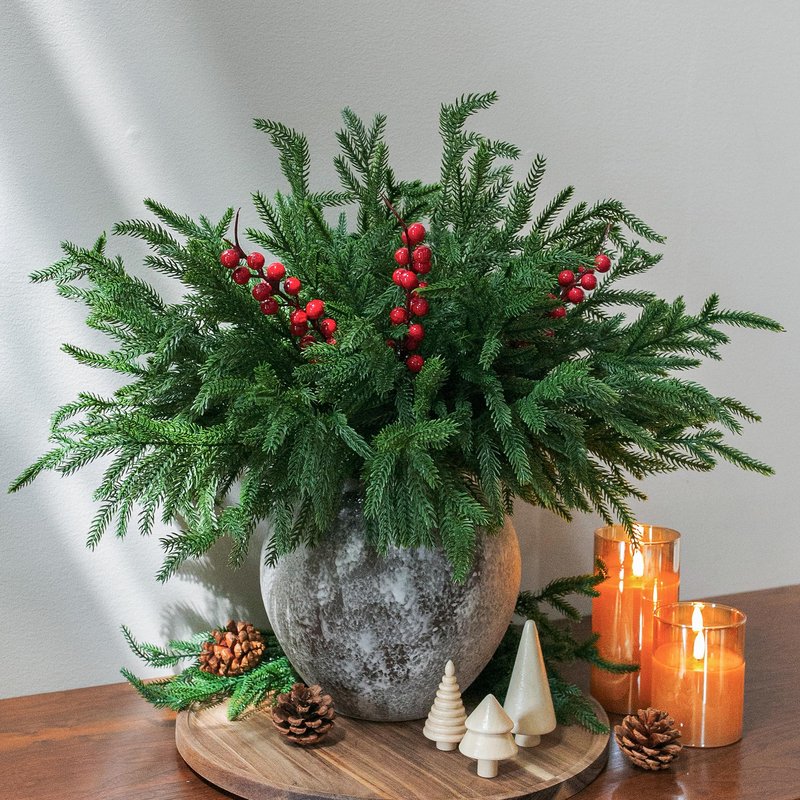 florisso Artificial Faux Christmas Norfolk Pine Stems Branches for Vases,12 Bundles Fake Evergreen Real Touch Greenery Stem with 3 PCS Red Berry Branches for Xmas Holiday Winter Table Indoor Decor