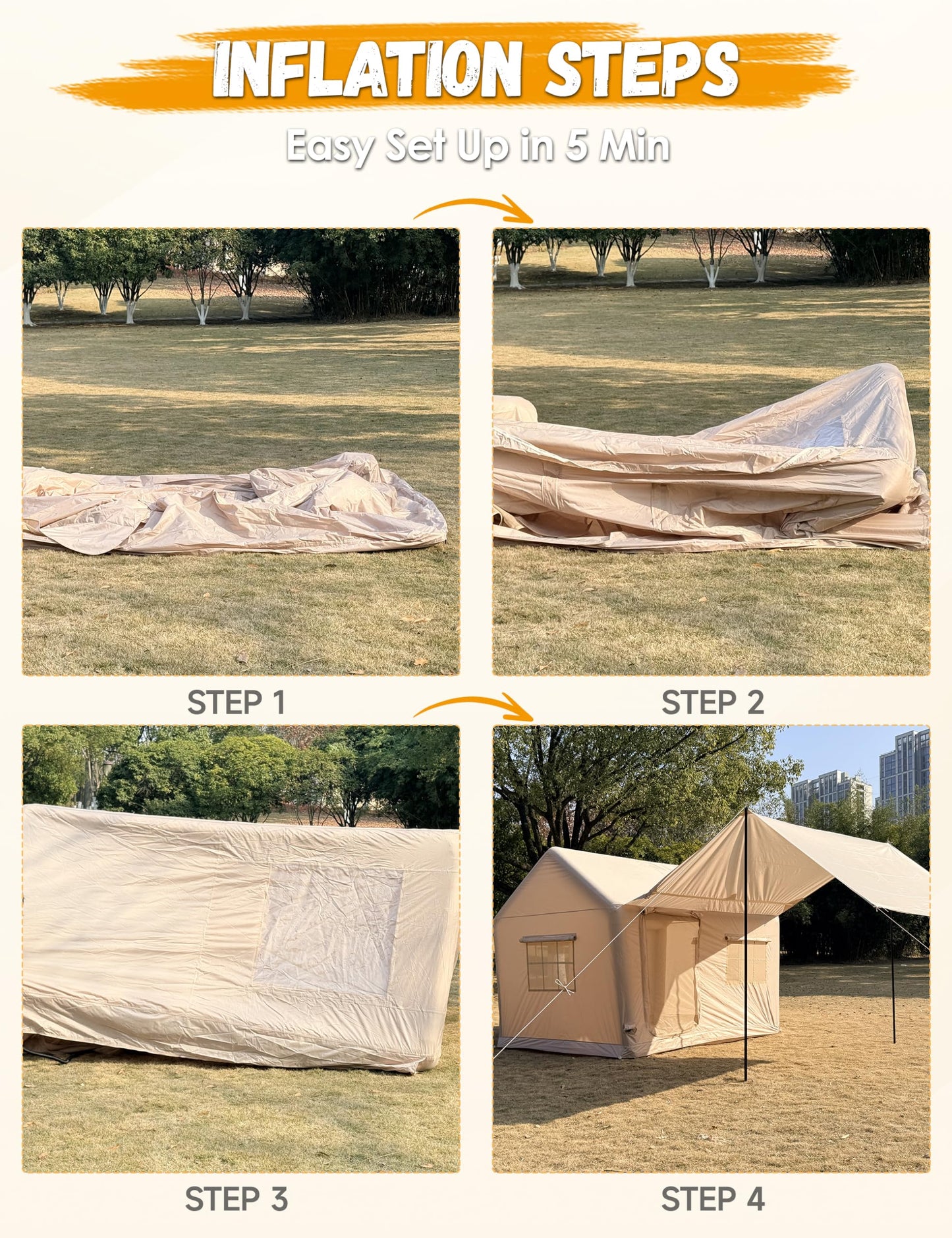 Luxury Inflatable Camping Tent House for 6-8 Person, 118"x158" XL Awning, 6.3" Extra Thick Air Beams (Stronger Than 5"), Heavy Duty Waterproof Oxford, Fast Setup Camping House with Pump & Bag