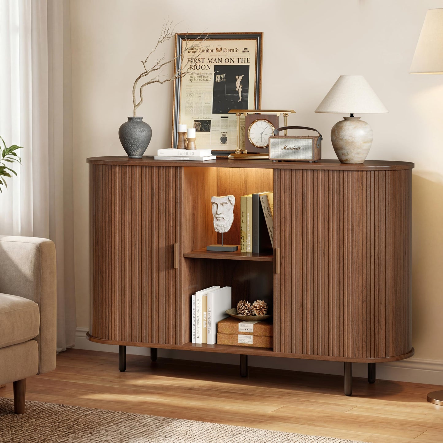 55" Wine Cabinet, Fluted Coffee Bar Cabinet with LED Light, Modern Liquor Coffee Station with Power Outlet, Wine Rack & Glass Holder, Sliding Door Buffet Sideboard Table for Kitchen, Entryway, Walnut
