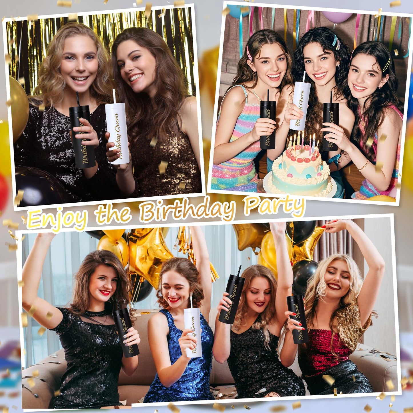 10 Pack Birthday Party Cups 16 oz Double Wall Birthday Squad Tumblers Birthday Queen Plastic Tumbler with Lid and Straws Birthday Cup Women Trip Cups for Women Trip Weekend Birthday Gifts(Black)
