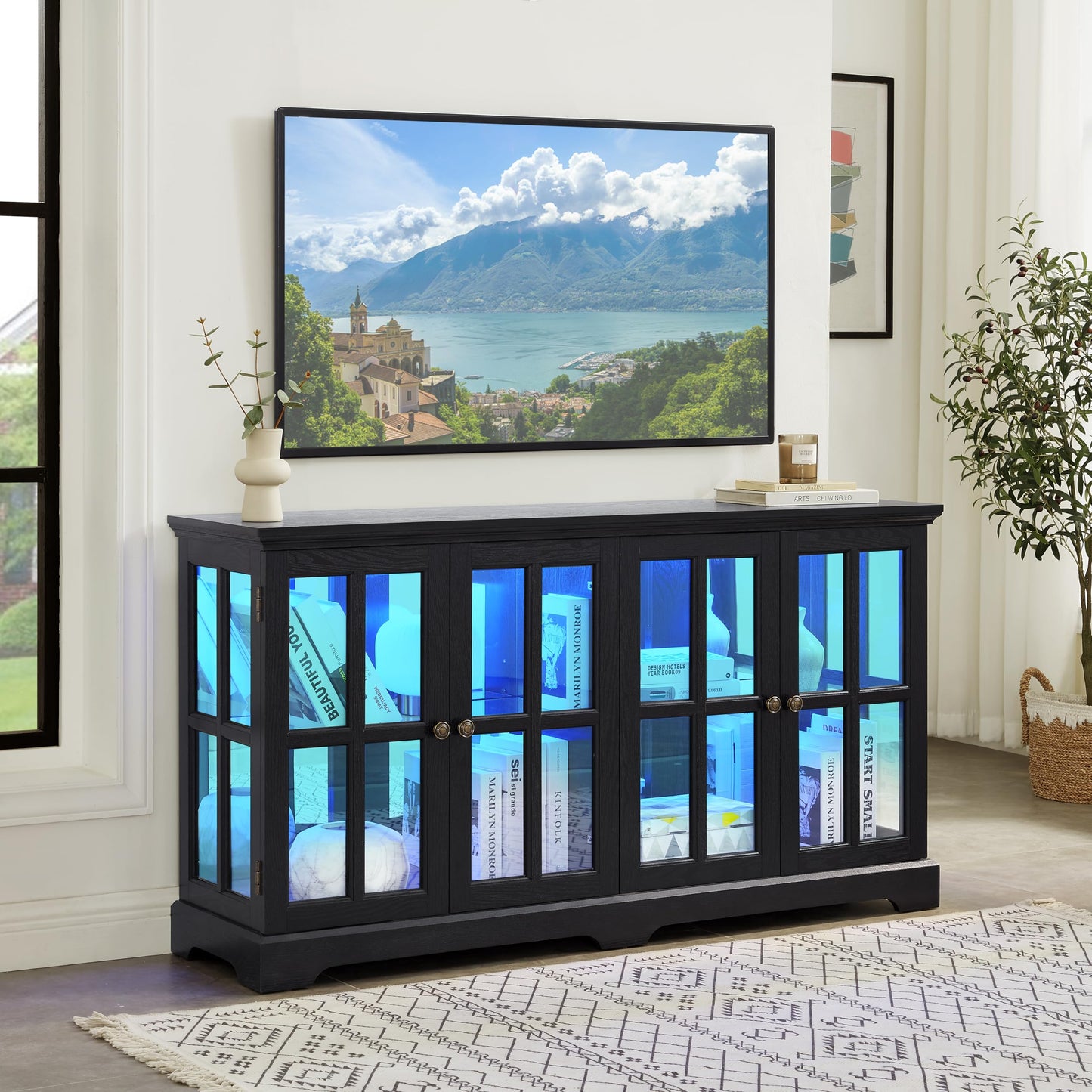 KEIKI Antique Glass Display Cabinet with LED Light Strip, Adjustable Shelves, Curio Cabinet with Tempered Glass Doors, Retro 4-Door Design for Home or Office, Black
