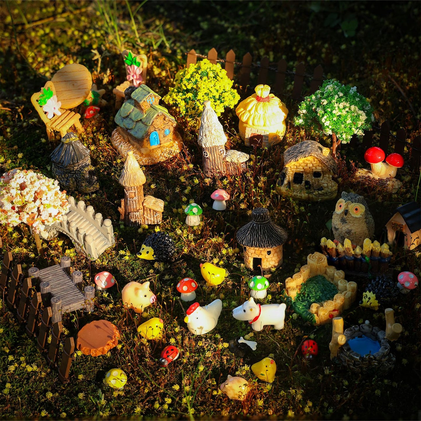 HIYZI 60 PCS Mini Fairy Garden Accessories Kit Enchanted Miniature House Decor Set with Tiny Figurines, DIY Micro Landscape Ornaments for Terrarium, Dollhouse Succulent Craft