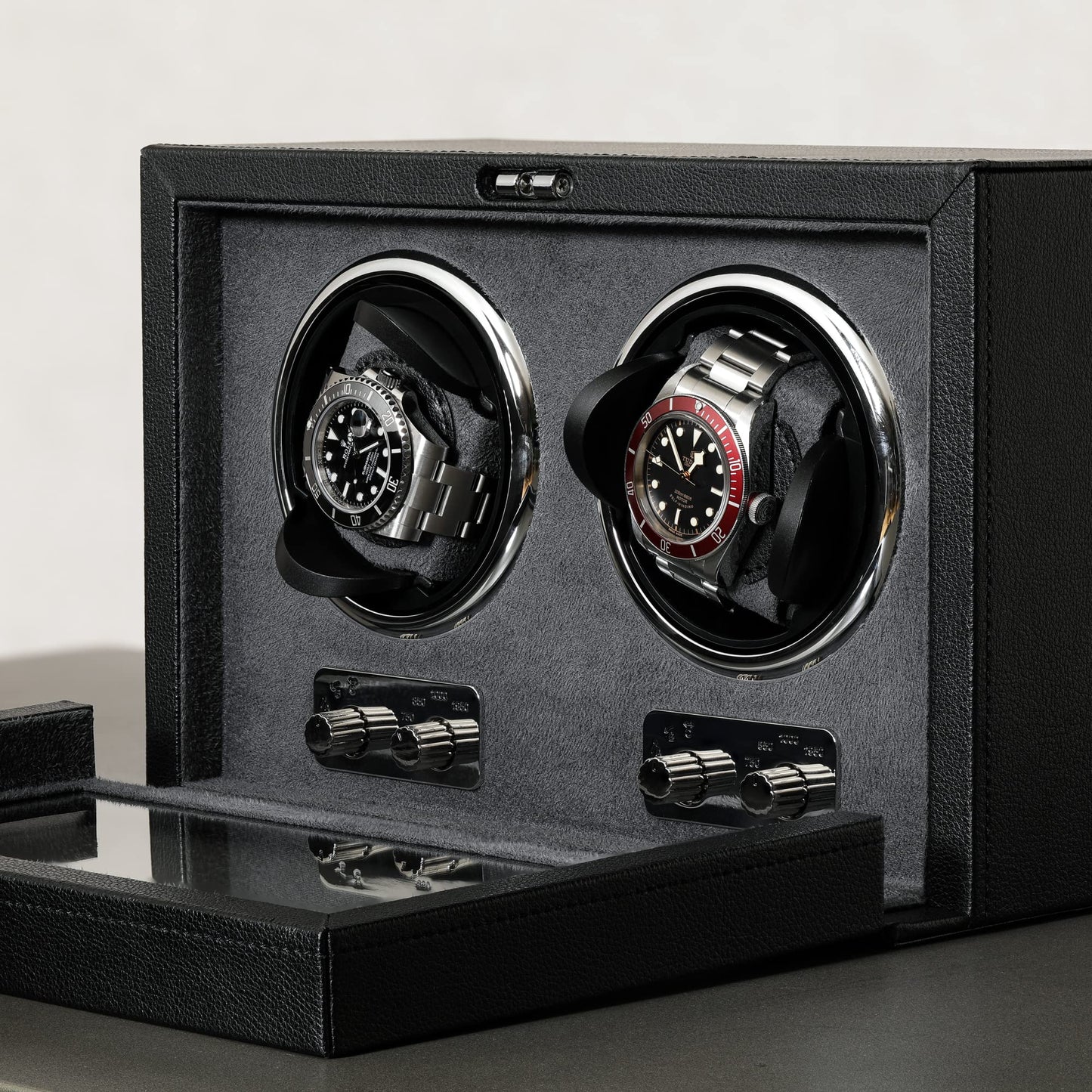 ROTHWELL Double Watch Winder for Automatic Watches with Quiet Motor with Multiple Speeds and Rotation Settings (Black/Grey)