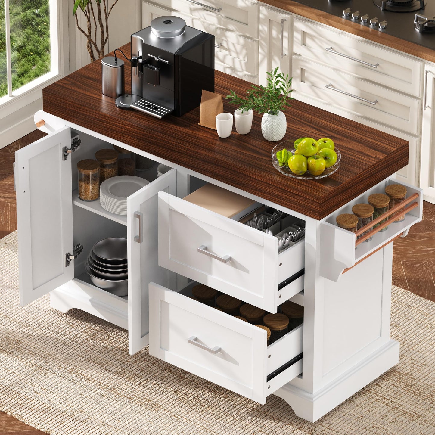 Trygoal 53" Large Kitchen Island with Ultra-Thick 3.5" Countertop, Heavy-Duty Rolling Storage Cart on 5 Wheels, 2 Extra-Large Drawers, Adjustable Cabinet Shelf, for Kitchen, White