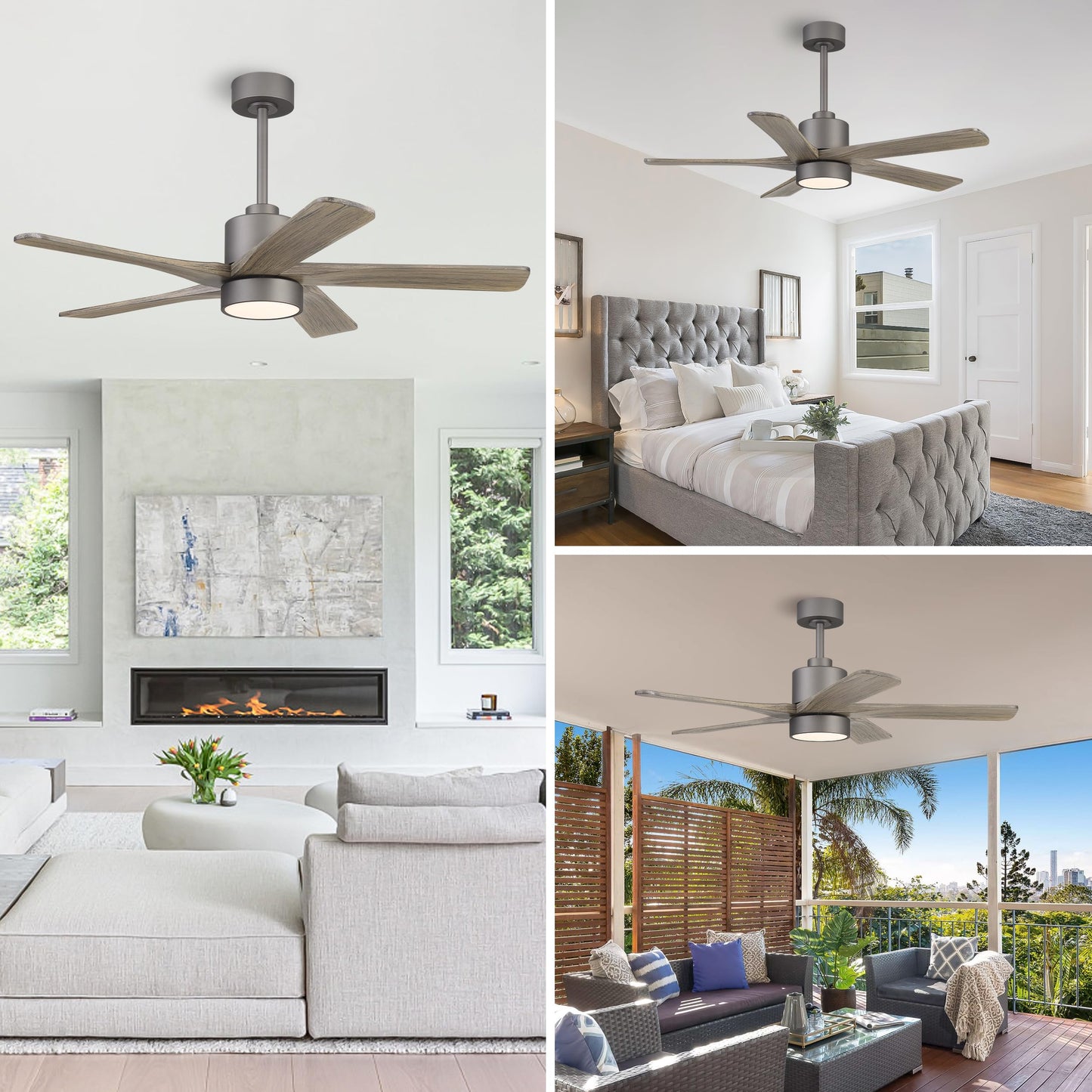 WINGBO 48 Inch DC Ceiling Fan with Lights and Remote Control, 5 Carved Solid Wood Blades, 6-Speed Noiseless Reversible DC Motor, Indoor Ceiling Fan in Graphite Finish with Gray Blades