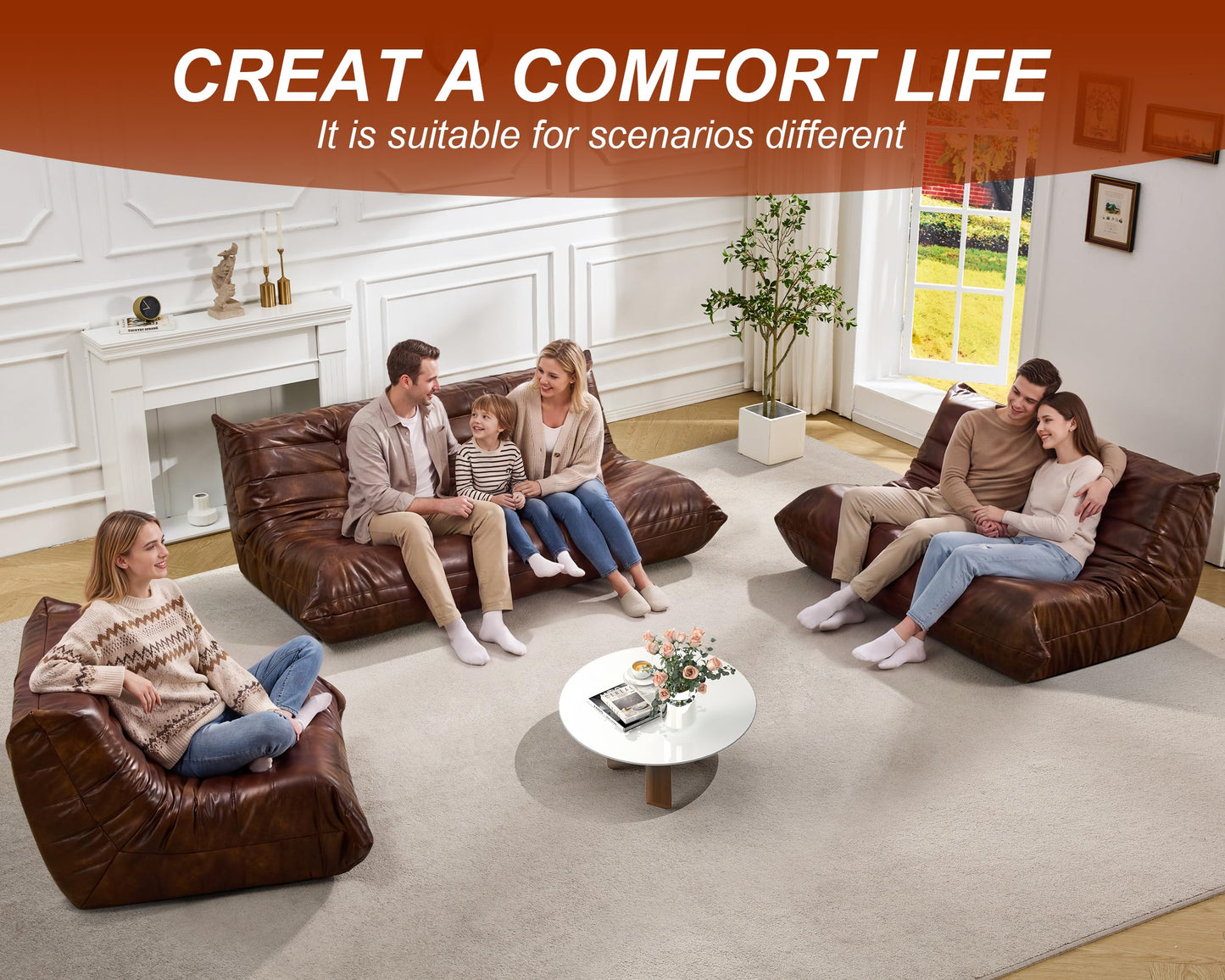 Hobestluk Bean Bag Chair Giant Bean Bag Sofa 3 Seater Bean Bag Chairs for Adults, Loveseat Floor Chair, Leather Bean Bag Chairs for Living Room Bedroom Office (Brown, 3-Seater)