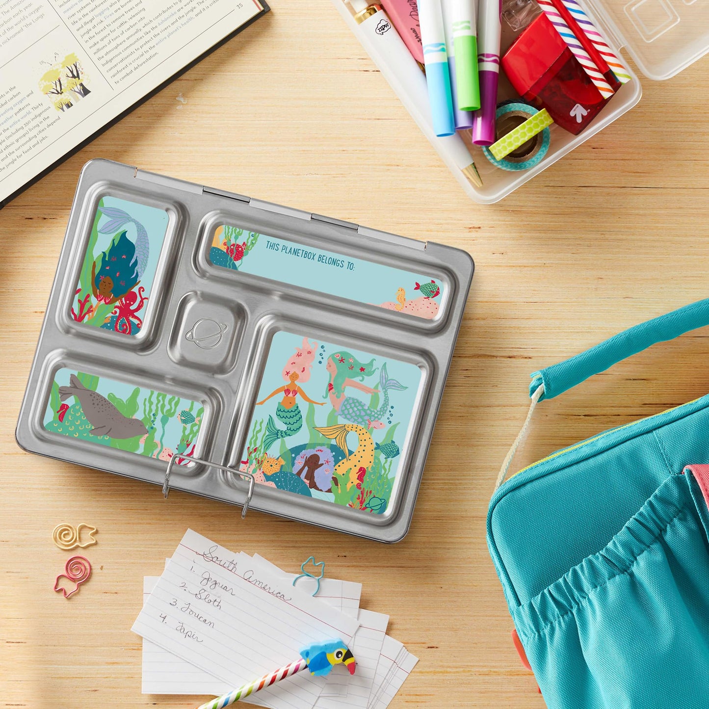 PlanetBox Rover Stainless Steel Bento Box Style Lunch Box Kit for Kids with 5 Compartments, Includes Insulated Lunch Bag, Leakproof Food Containers and Matching Mermaid Lagoon Magnets