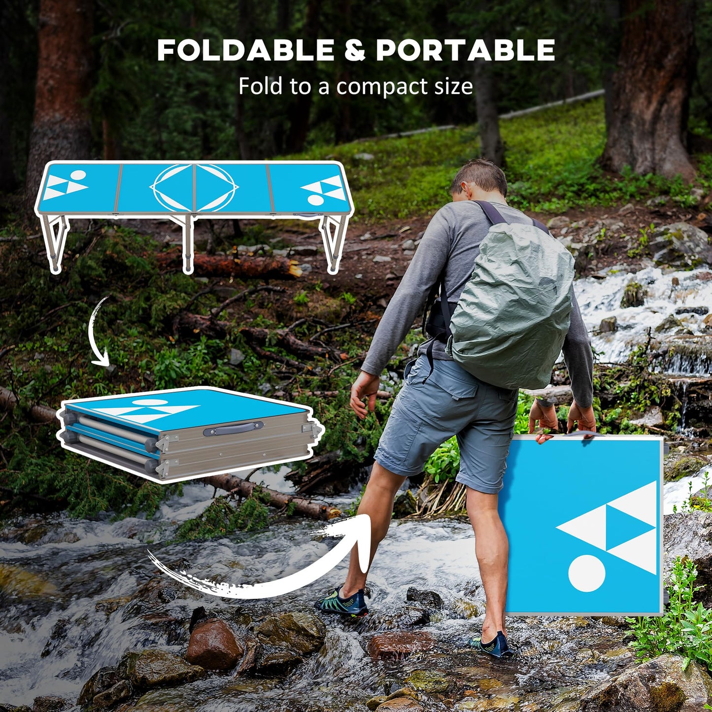8ft Portable Beer Pong Table with Adjustable Legs, Folding Camping Table, Aluminum Picnic Table, for Party, Travel, BBQ, Beach, Blue and White