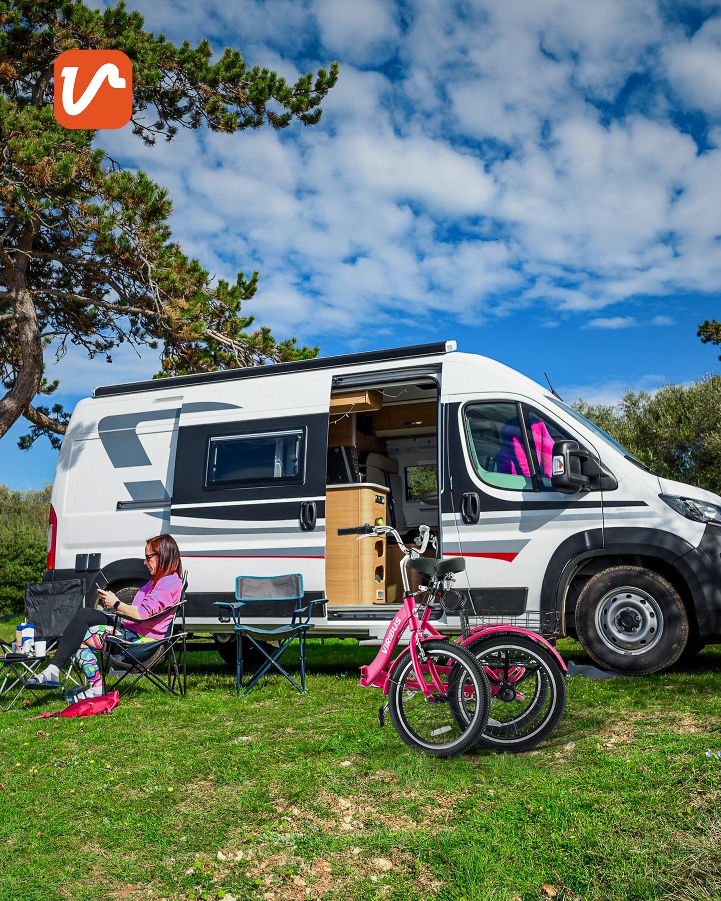 VIRIBUS Folding Tricycle for Adults, 7 Speed 20 Inch Mini Foldable 3 Wheel Bikes for Women Seniors with Dual Chain & Low Step-Through Frame, Collapsible Trike with Cargo Basket, 330 lbs, Hot Pink