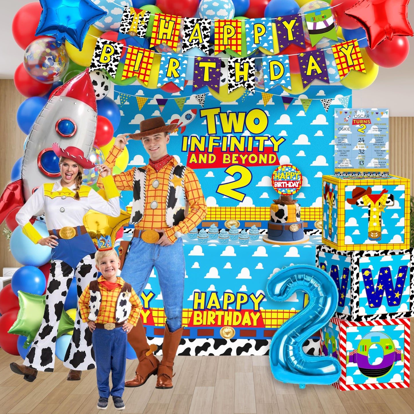 Two Infinity and Beyond Birthday Decorations Cartoon Story 2nd Birthday Party Supplies Include Balloon Arch Banner Backdrop Tablecloth Crown for Toy Themed Party Decor