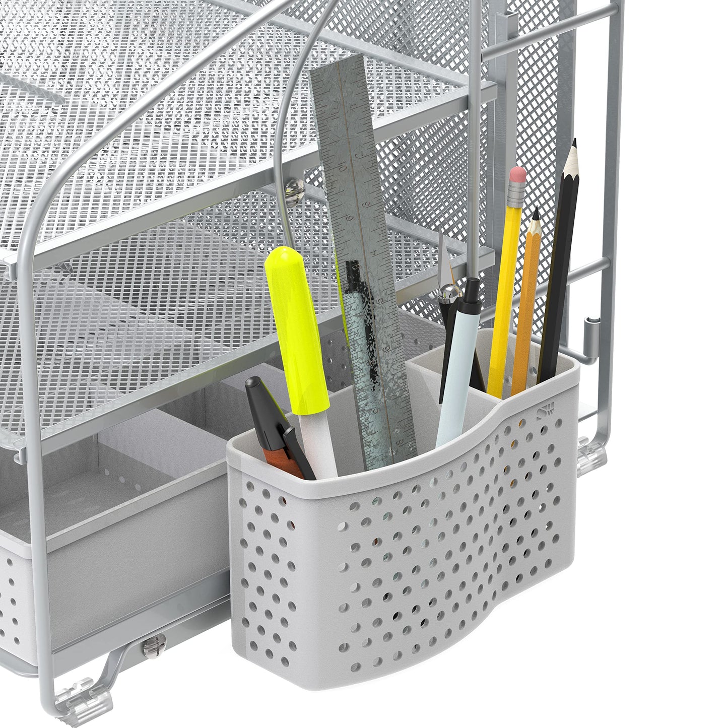 Simple Houseware 3-Tier Desk Organizer with Sliding Drawer, Hanging File Holder and Pen Holder Accessory, Silver