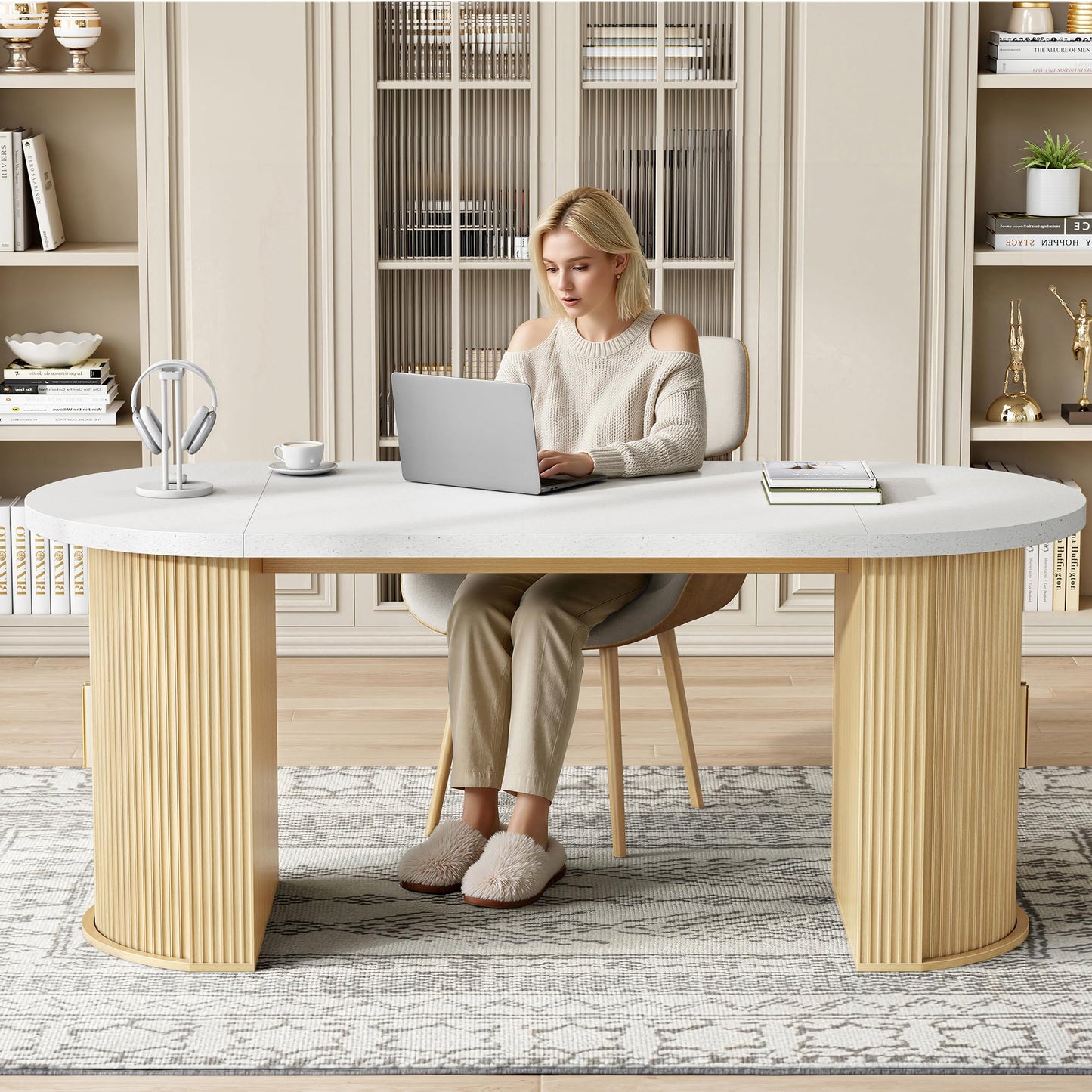 IRONCK 71" Oval Dining Table for 4-6 with Hidden Storage, Modern Farmhouse Kitchen Table with Fluted Semi-Cylindrical Legs, Faux Quartz Top for Dining Room, Kitchen, Living Room & Home Office (Oak)