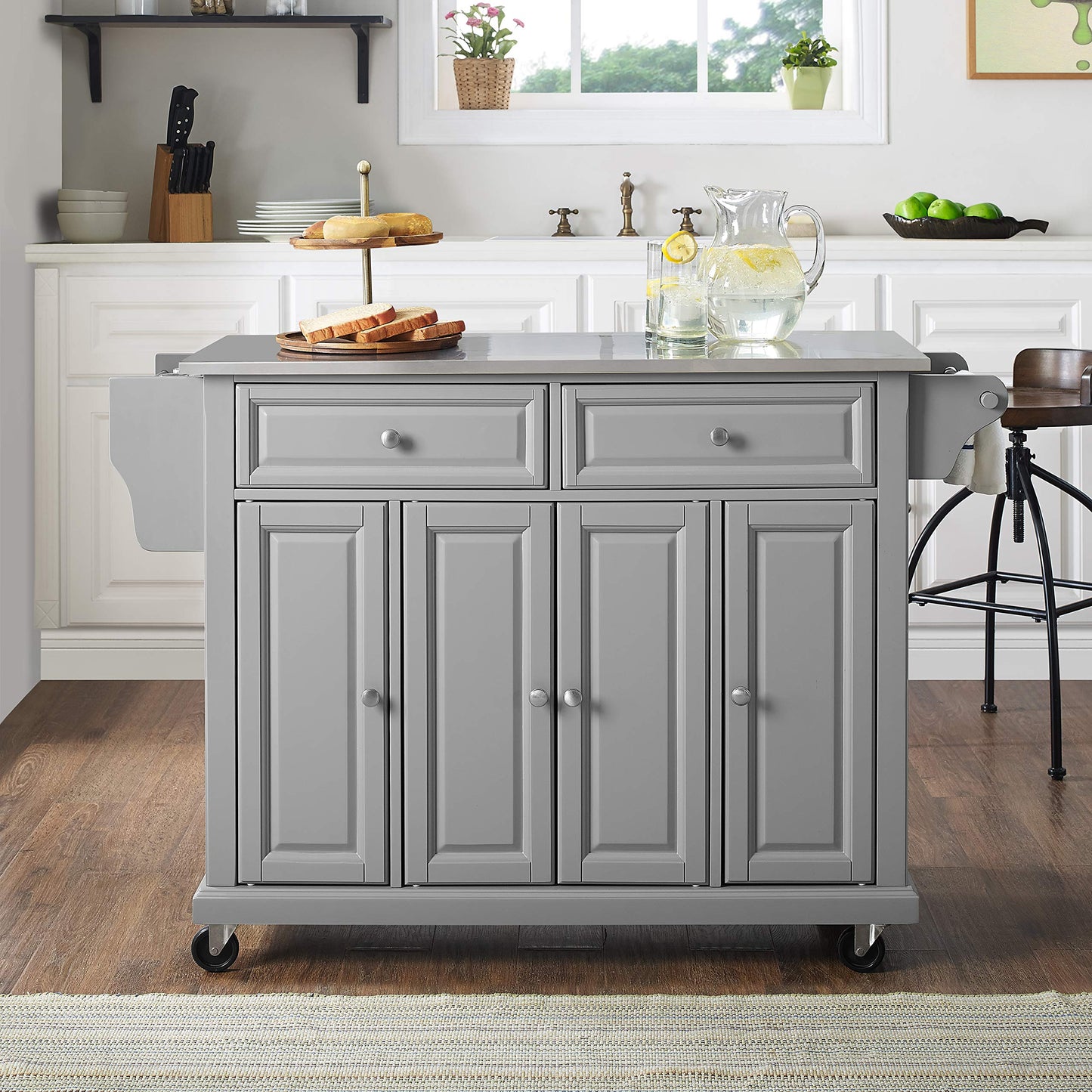 Crosley Furniture Full Size Stainless Steel Rolling Kitchen Island Storage Cart, Microwave Stand, Spice Rack, Gray