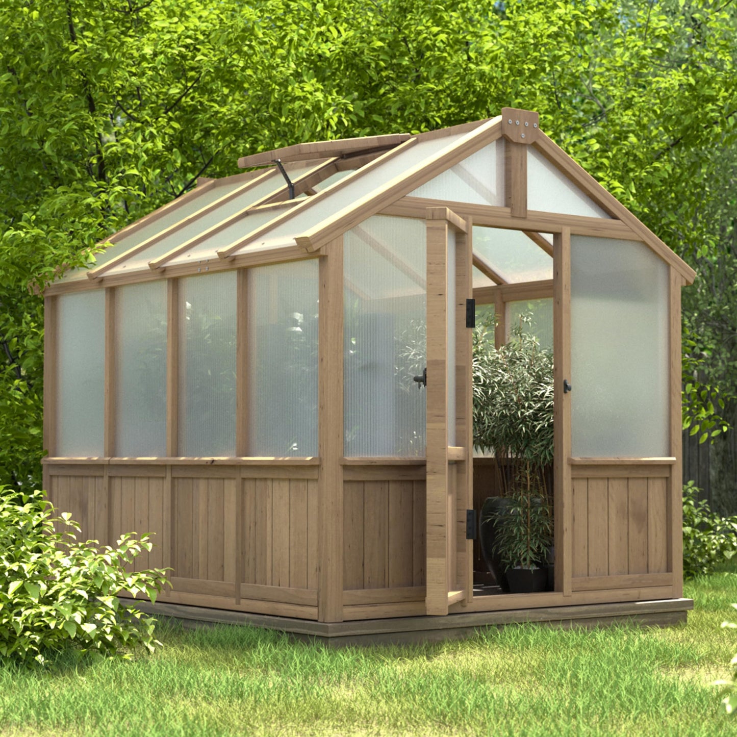 Yardenaler 6x8 FT Greenhouse Kit for Outdoor, 6MM Thick Polycarbonate Panel Wooden Walk-in Green House with Lockable Door and Adjustable Roof Vent, Backyard Garden, Light Mocha Brown