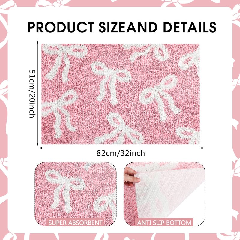 Tinideya Pink Bow Bathroom Rug 20 x 32 Inch Coquette Cute Bath Mat for Bathroom Non Slip Absorbent Bow Bath Mat for College Dorm Vanity Shower Bedroom Kitchen Bedroom Decor Valentine's Day Gifts