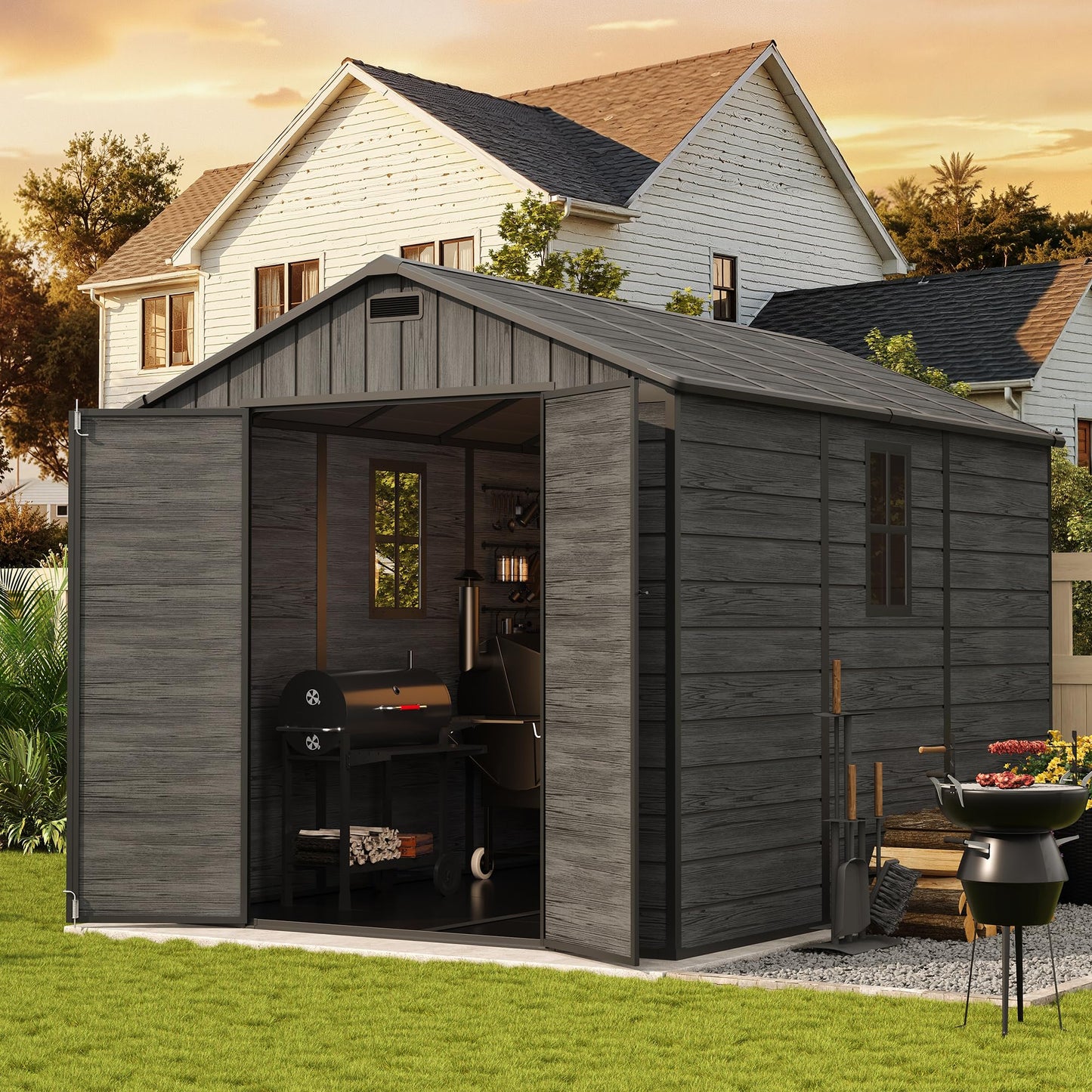 UDPATIO Outdoor Resin Storage Shed 8 x 10 FT, Plastic Storage Shed with Floor Large Outdoors Garden Tool Storage Shed Outside Clearance Shed with Lockable Door for Bike, Backyard, Patio, Dark Grey